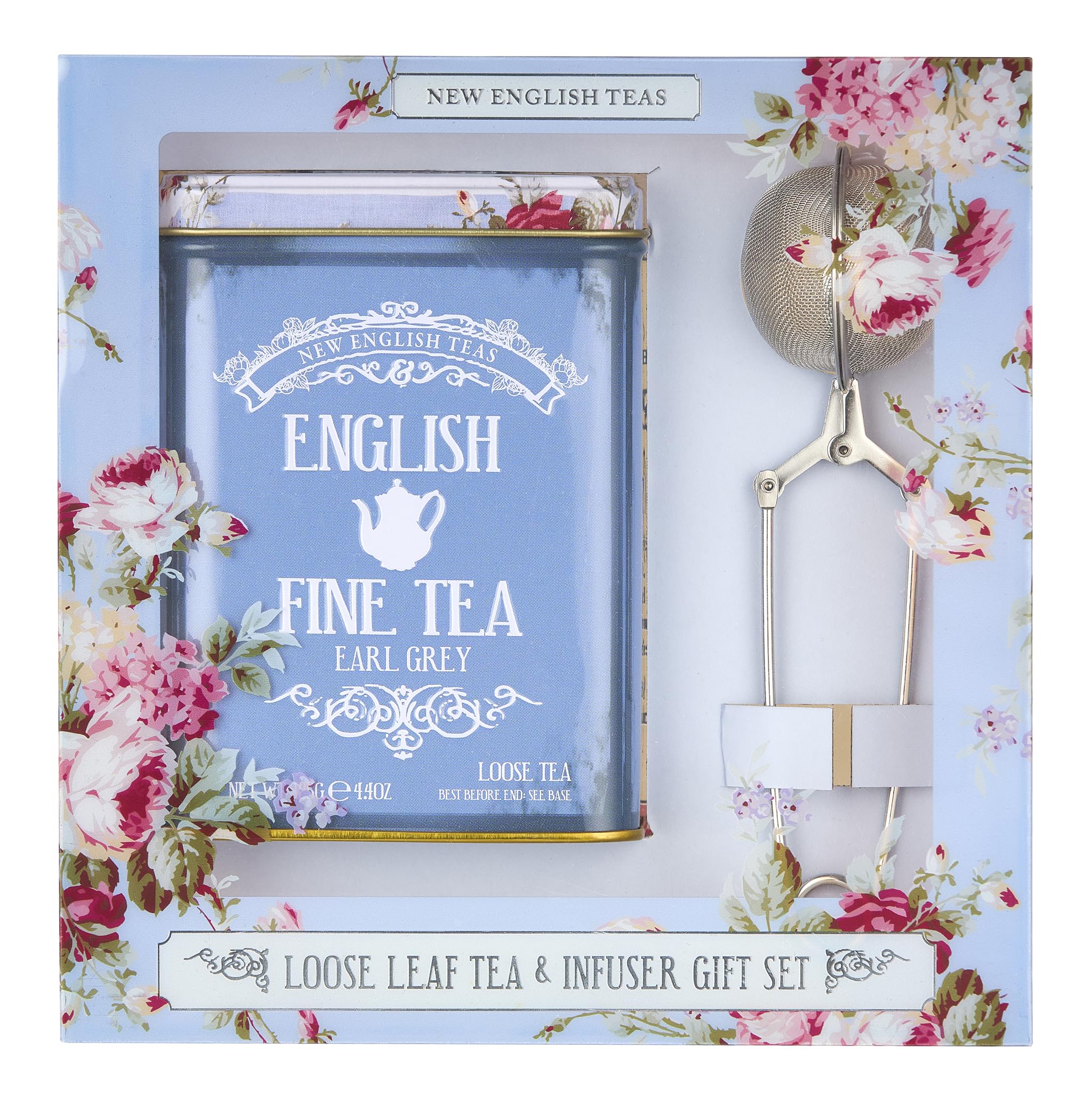 New English Teas Earl Grey Loose Leaf Gift Set with Infuser, Vintage Floral Tin, 125g