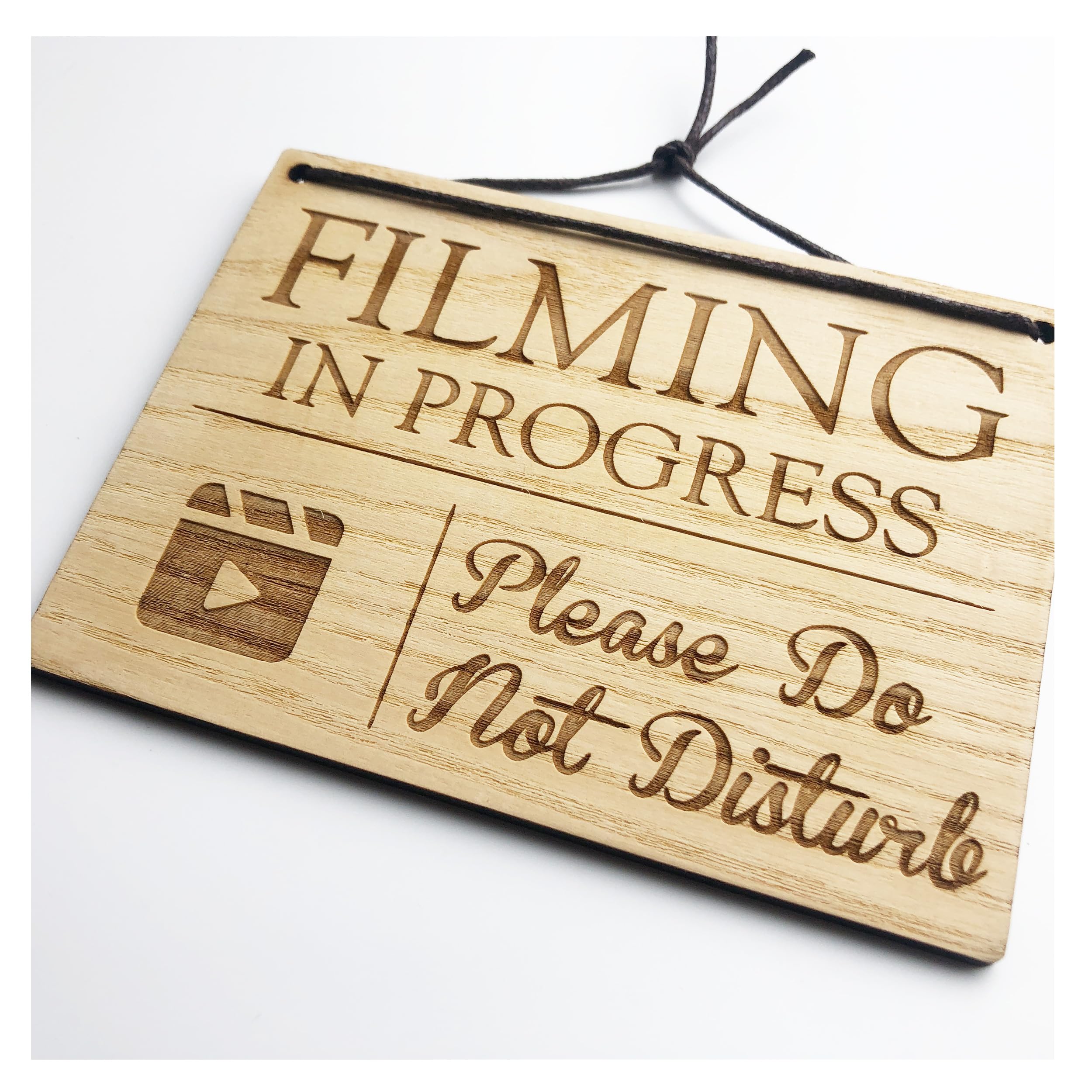 Filming In Progress - Please Do Not Disturb - 140mm x 100mm x 4mm Wooden Laser Engraved Rectangle Sign Plaque With Cotton Cord For Hanging