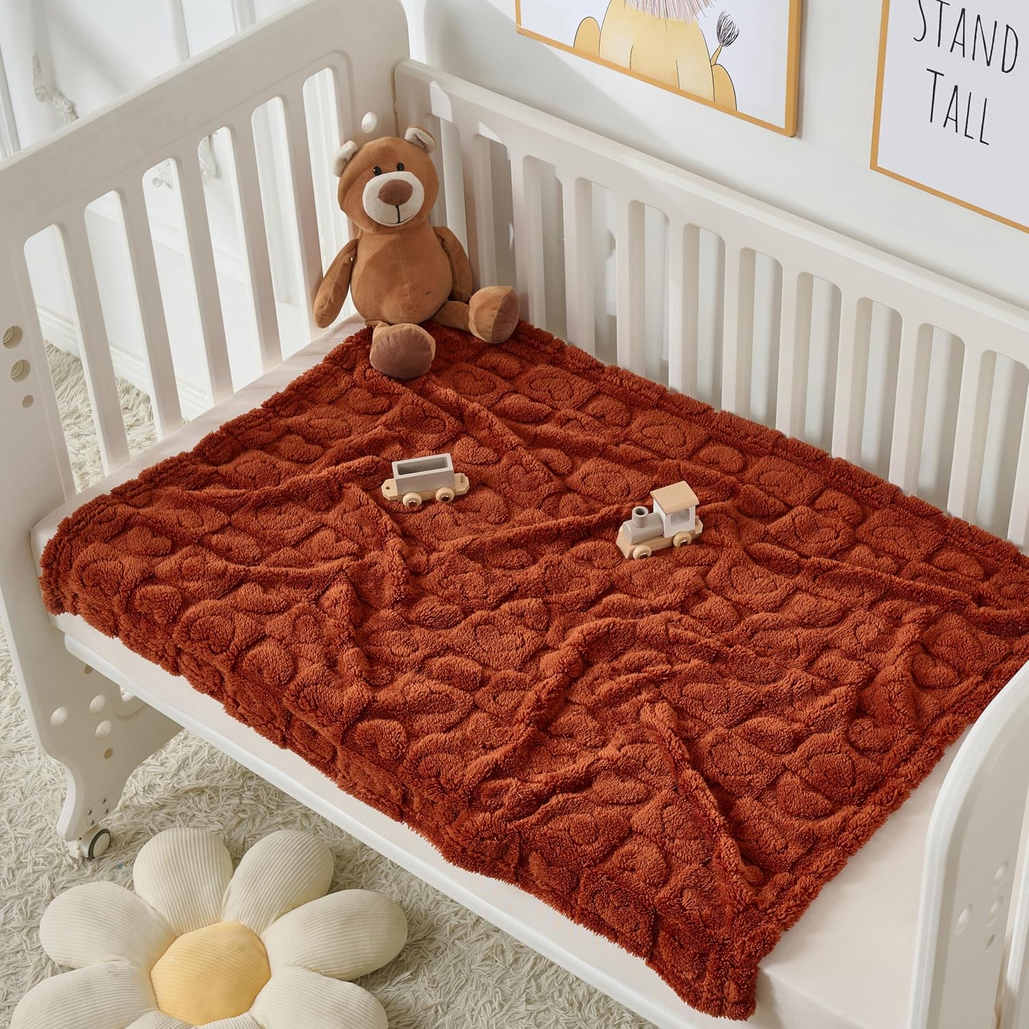 4 Pcs Baby Blankets,Fleece Heart Checkered Blanket, Cozy and Fluffy Crib Blankets for Girls Boys, Toddler Receiving Blankets 30×40 Rust Green Yellow Brown