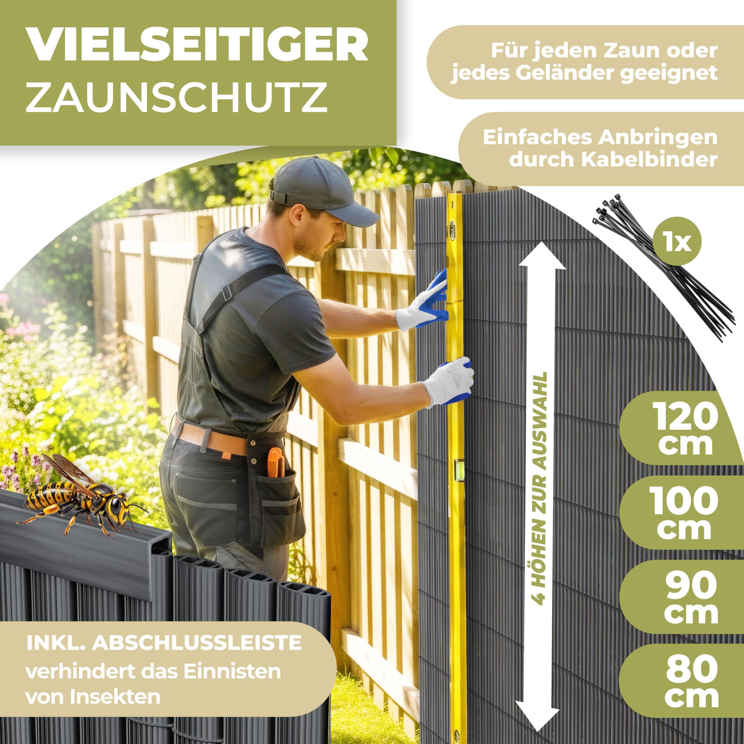 KESSER® Estera de protección visual de PVC, 160 x 300 cm, revestimiento de balcón, protección contra el viento, láminas reforzadas para jardín, balcón y terraza, incluye bridas, cubierta y guantes