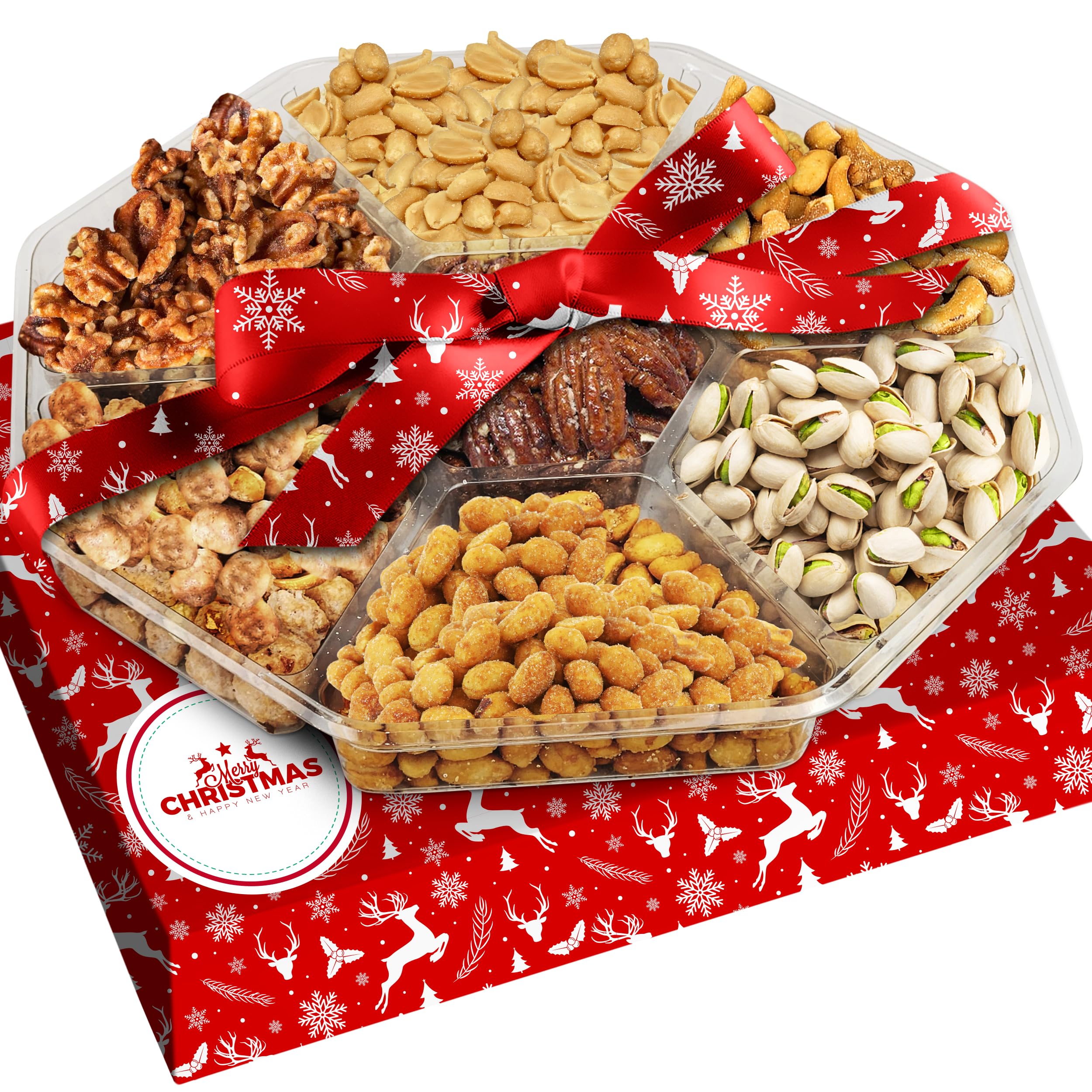 Christmas Nuts Gift Basket for Holiday Season, Premium Mixed Nut Assortment Gift Gourmet Snack Food Present Box, Christmas Gift Basket for Family (7 Sectional)