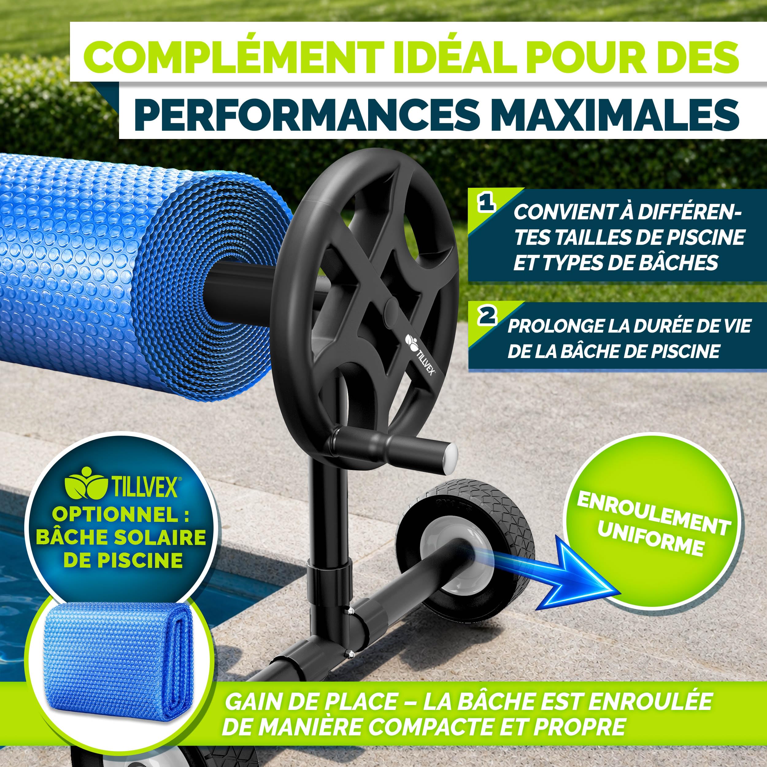 tillvex Enrouleur de Piscine 3-5,70 m avec pneus Pleins Thermomètre & Pattes de Fixation | Système d'enroulement pour bâche Solaire | Dispositif de déroulement pour bâche et Couverture de Piscine