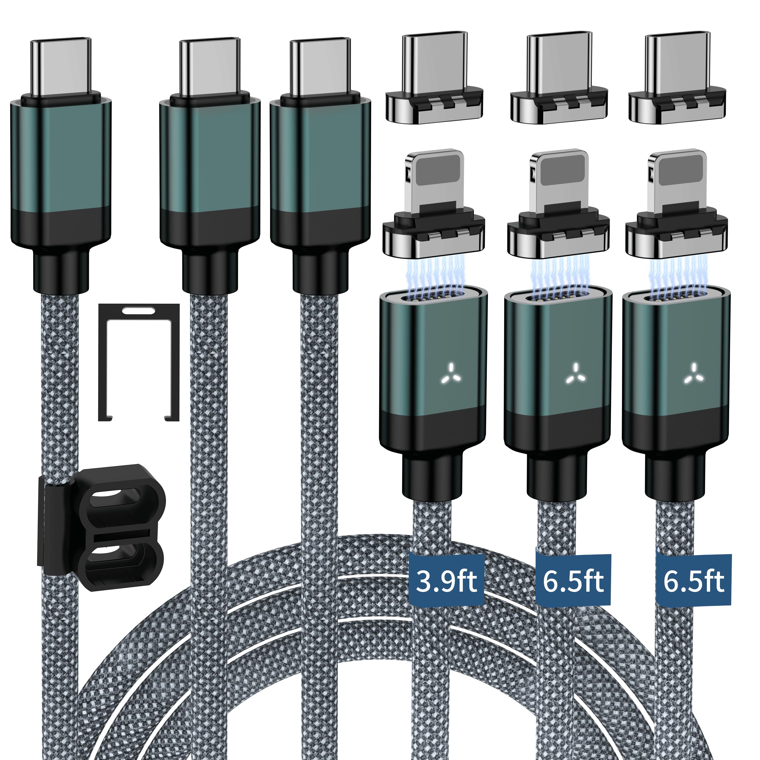 Cable de carga magnético 2 en 1 [3 unidades: 1 m/2 m/2 m] con tipo C e iProducts, cable de carga rápida USB-C de 100 W, cable USB C 5 A, cable de datos de 480 Mbps para MacBook Pro/Air, Phone,
