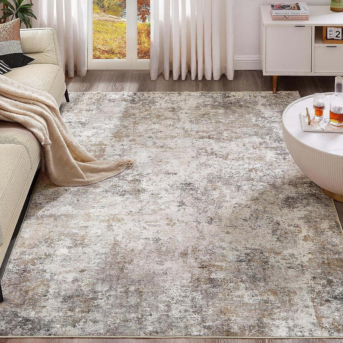 UERMEI 9x12 Area Rug Living Room Rugs - Washable Neutral Modern Abstract Soft Thin Large Rug Indoor Floor No Slip Rug Carpet for Bedroom Under Dining Table Home Office Decor - Brown Grey