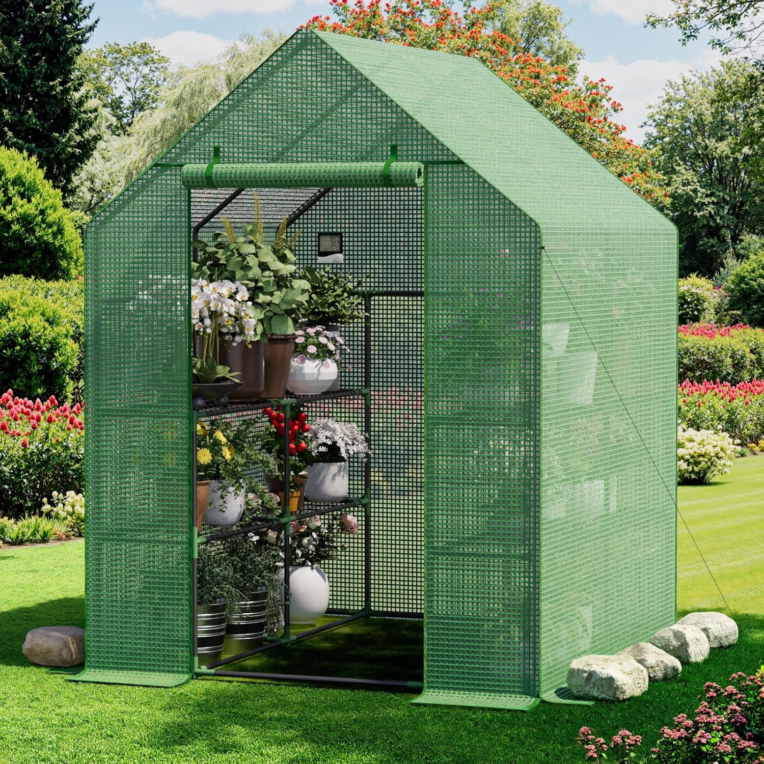 Greenhouse for Outdoors, Small Greenhouse, Walk-in Greenhouses with 3 Tiers 8 Shelves, PE Cover, Heavy Duty Plant Greenhouses for Garden and Backyard 3 Tiers 8 Shelves Green PE Cover