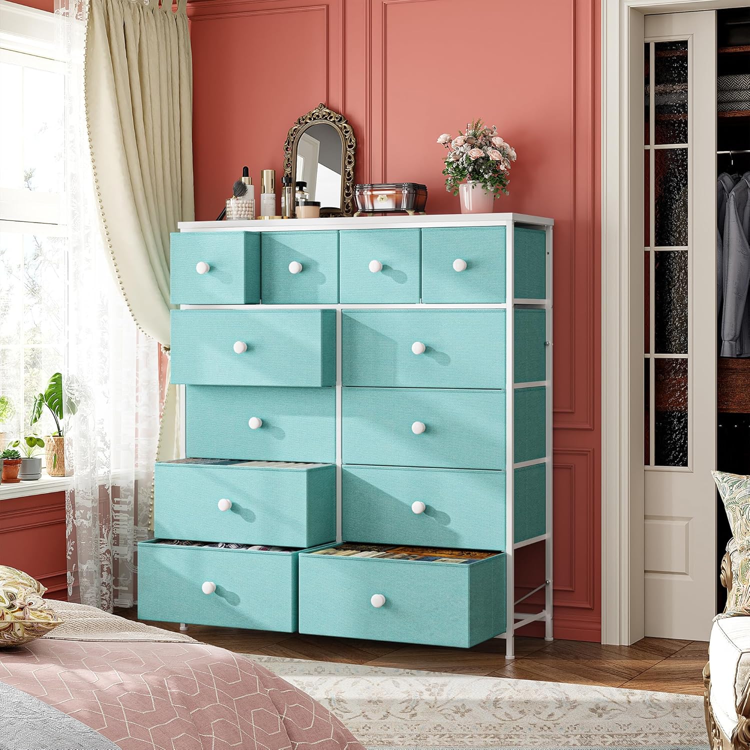 Dresser for Bedroom Tall Dresser with 12 Drawers Fabric Dressers & Chests of Drawers, Bedroom Dresser with Metal Frame, Wood Top, Entryway Living Room, Turquoise 11.81"D x 38.97"W x 40.15"H