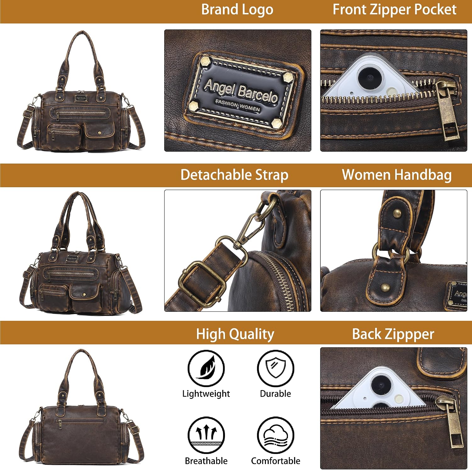 Angel Barcelo Purses for Women Small Hobo Shoulder Bag Multi-Pocket Tote Bag with Zipper