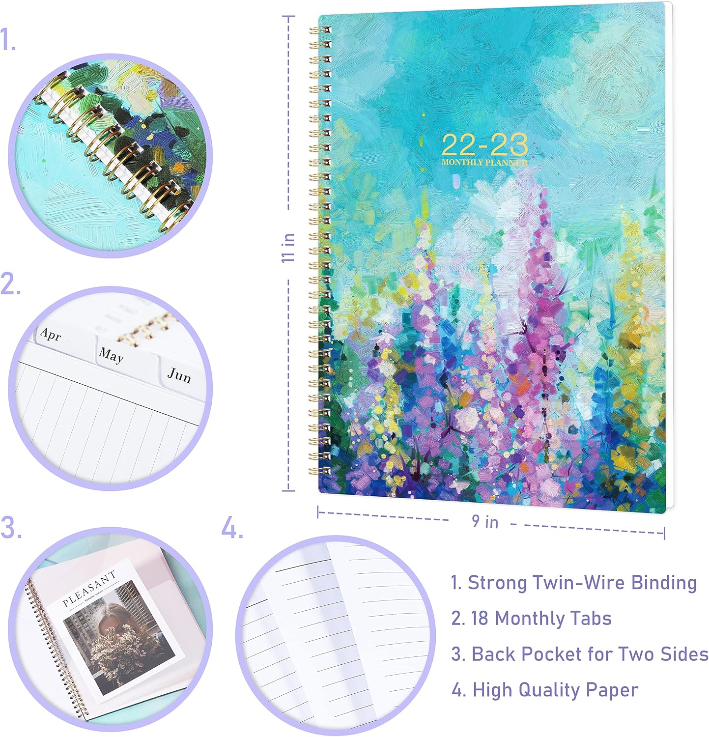 2022-2023 Monthly Planner - 18-Month Planner with Tabs & Pocket, Jan. 2022 - June. 2023, Contacts and Passwords, 8.5" x 11", Thick Paper, Twin-Wire Binding - Oil Painting