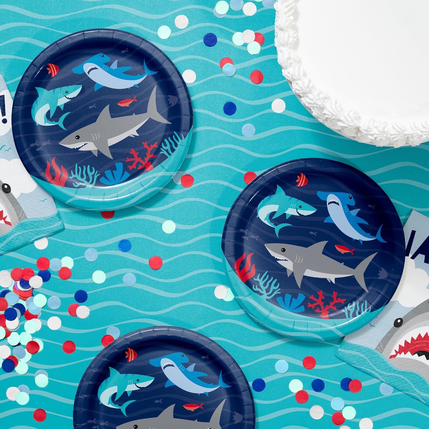 Shark Party Supplies - Shark Bite Shaped Paper Dessert Plates and Chomp Beverage Napkins (Serves 16)