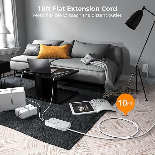 Miniatura 2 de TESSAN - Protector de sobretensiones de 10 pies, cable de extensión de enchufe plano TESSAN con 8 tomas, 3 puertos USB (1 USB C), estación de carga