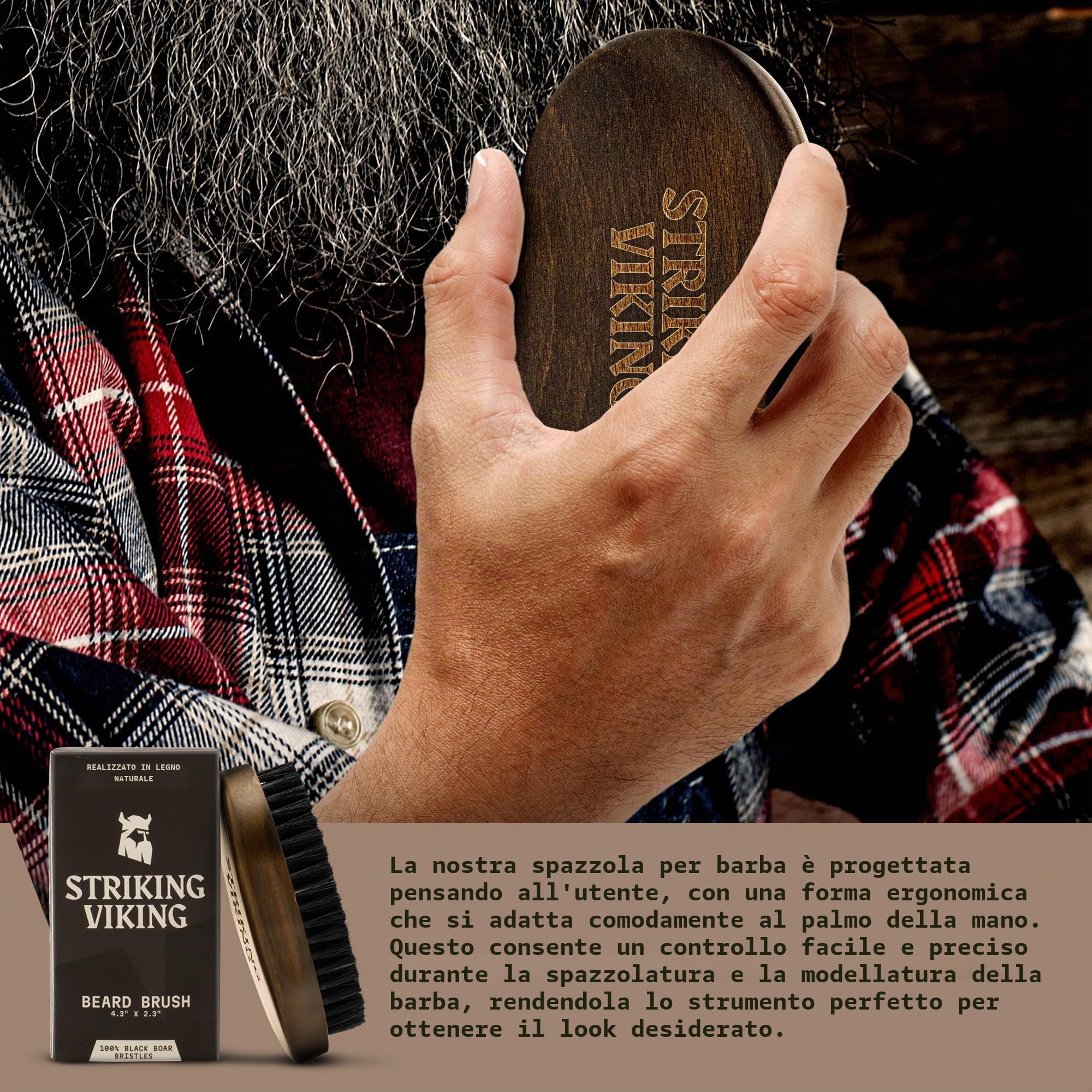 Striking Vikings Spazzola da barba in setola di cinghiale per uomo - Spazzola da barba dal design ergonomico da 4,2" in legno di spiaggia di origine naturale