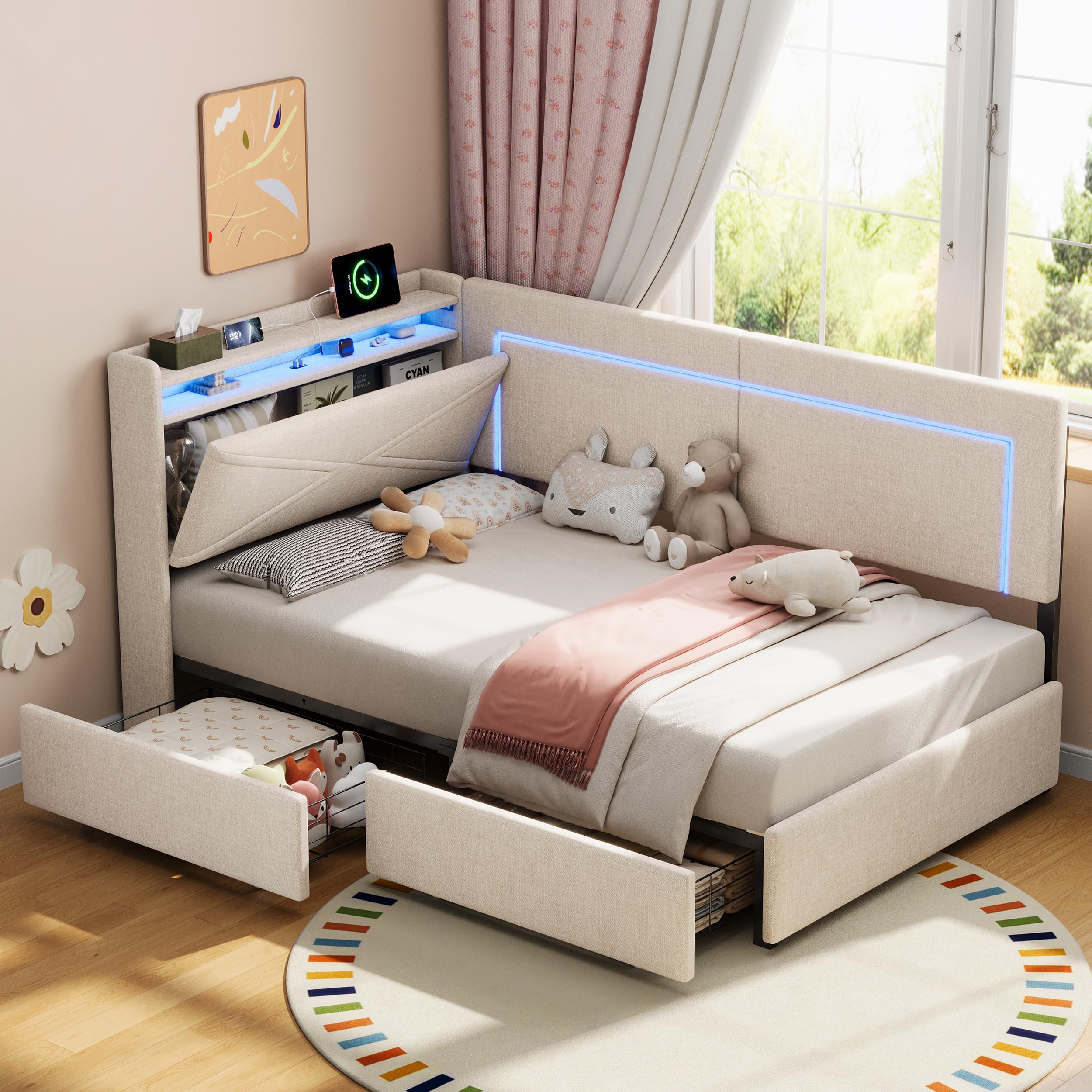 Xfholl 3ft Single Daybed with Two Storage Drawers, LED Concealed Headboard Storage with Charging Station, Linen, Beige, 90 x 190 cm (No Mattress)