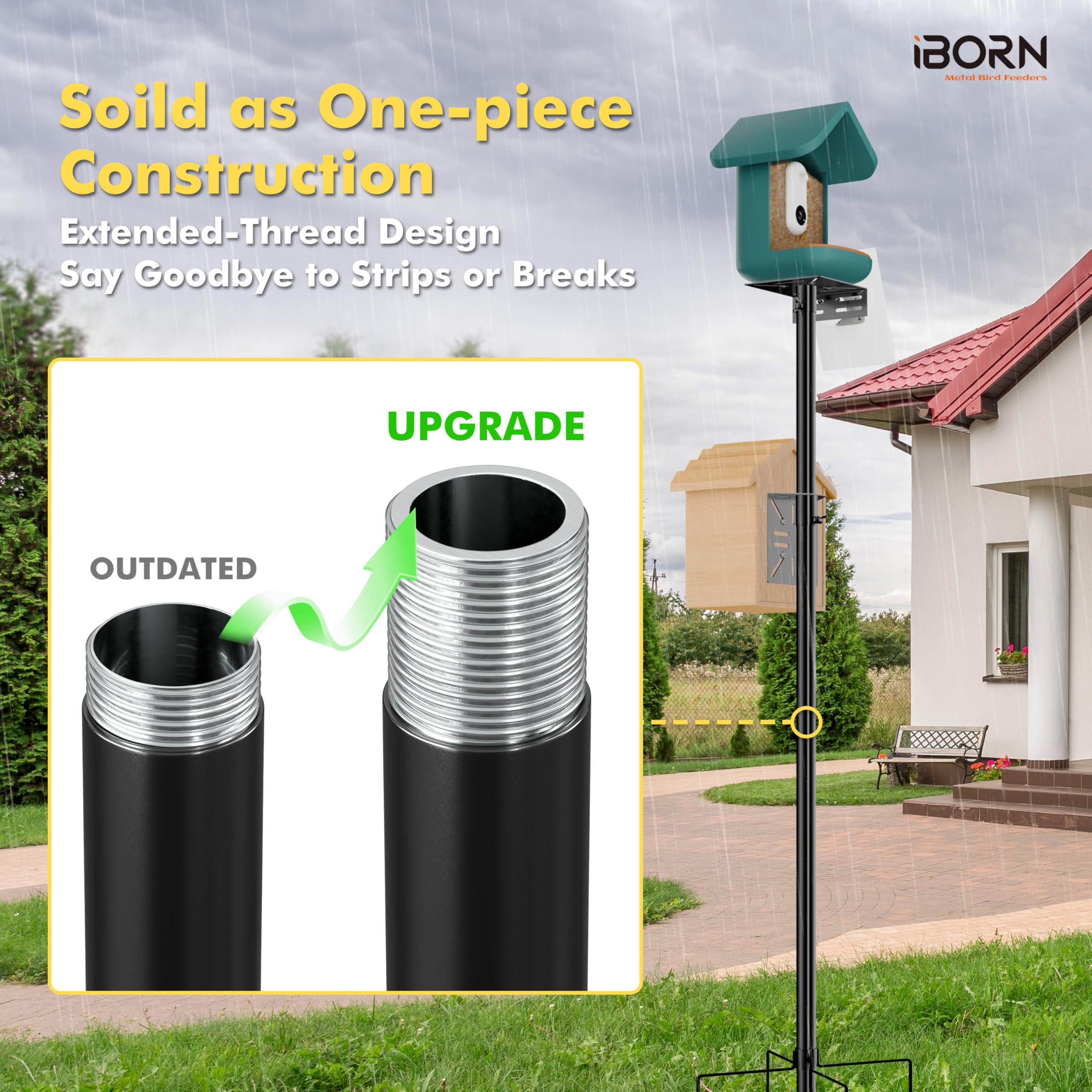 iBorn 3-in-1 Ständer mit Kamerahalterung für Vogelfutterspender – Stabiler Outdoor-Mast, höhenverstellbar bis 63 Zoll, universelle Halterung für intelligente Futterspender & Vogelhäuser