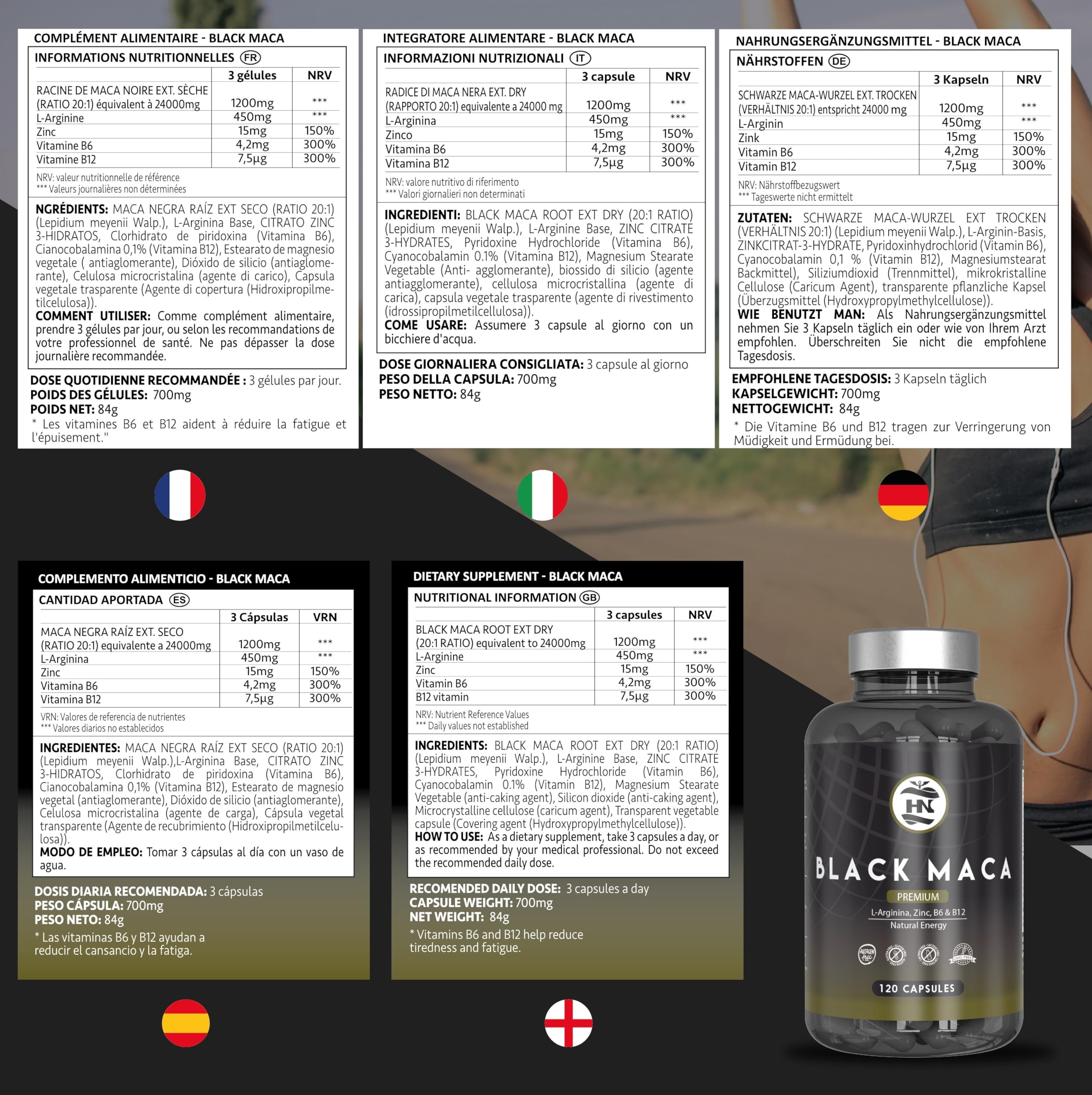 Maca Negra Andina Peruana con L arginina 24000 mg Altamente Concentrada 20:1 para máxima energía y rendimiento, Vitaminas B6 y B12 contra cansancio y fatiga Maka para hombres y mujeres (120x3 botes)