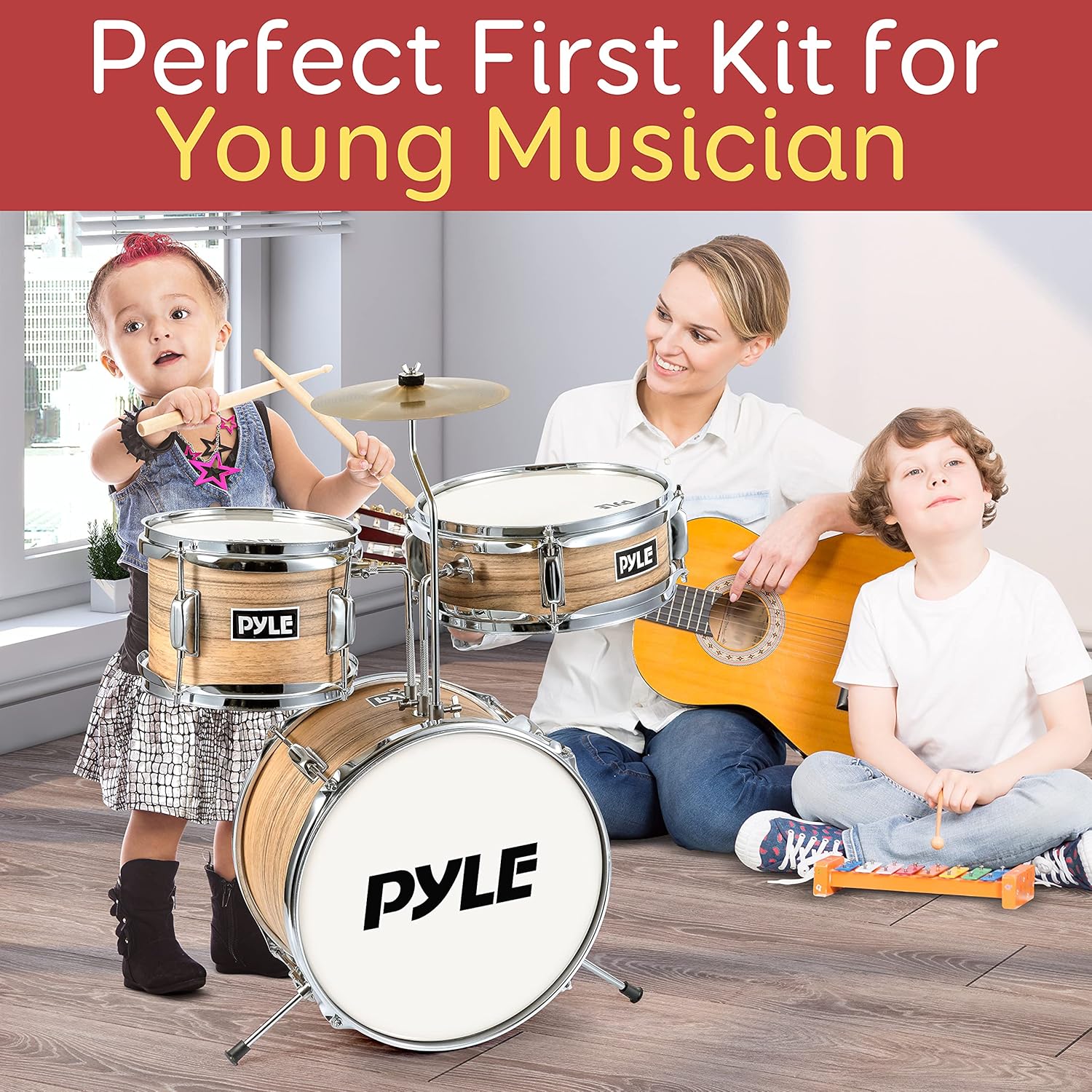 Pyle Kids Drum Set, 3 Piece Beginner Junior Drummer Kit with 13" Bass Drum, Snare, Tom, Cymbal, Adjustable Throne, Mutes, Drumsticks, Natural