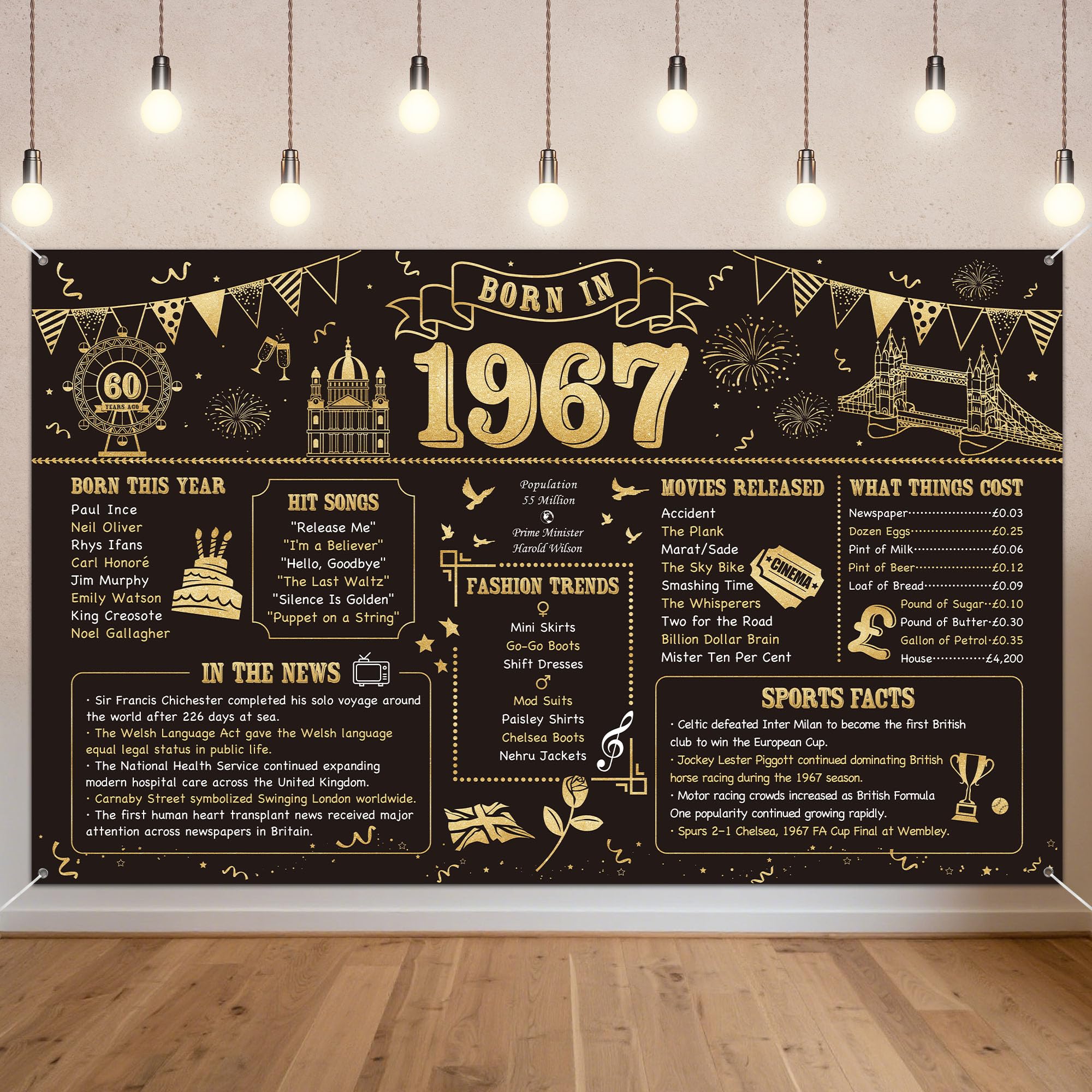 Benjia 60th Birthday Banner Decorations for Men Women, Born in 1967 UK Background Happy 60 Years Old Birthday Backdrop, Cheers to 60 Years Banners Black Gold Poster Bday Gift Home Decor Party Supplies