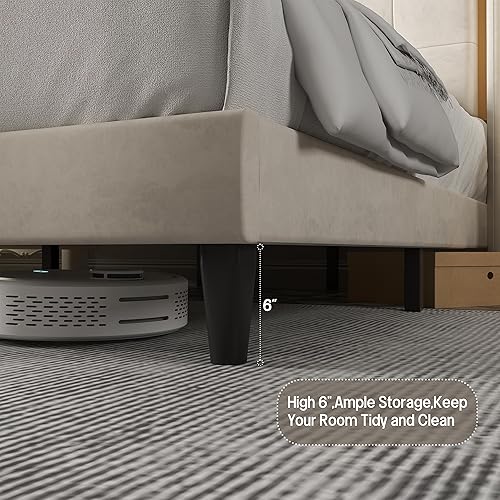 Miniatura 8 de ZeeFu Base de cama tamaño Queen con plataforma tapizada de terciopelo beige con cabecero con alas copetudas, soporte de listones de madera