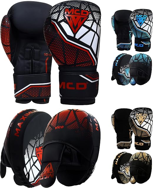 MCD Boxing Gloves and Pads Set 6oz, 8oz, 10oz, 12oz, 14oz, 16oz Boxing Set Adult & Kids Sparing Pads and Mitts for Women & Men, Adult & Kids Boxing Gloves and Pads Set for MMA, Muay Thai, & Training