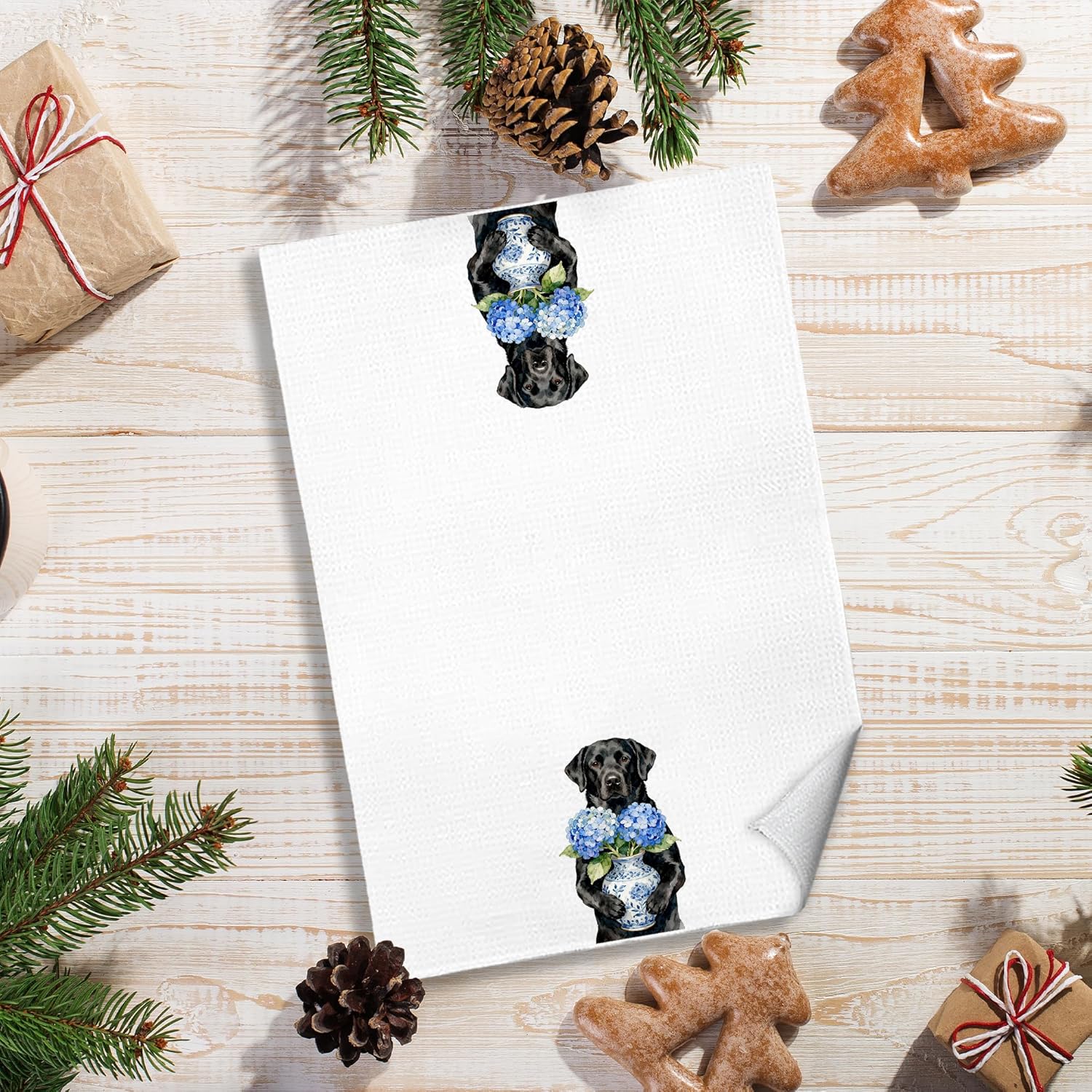 Blue Hydrangea Labrador Retriever Kitchen Towels, Black Labrador Retriever Gifts Dish Tea Towels, Chinoiserie Porcelain Floral Black Lab Decorative Hand Towel for Bathroom, 16x24 Inches - Image 4