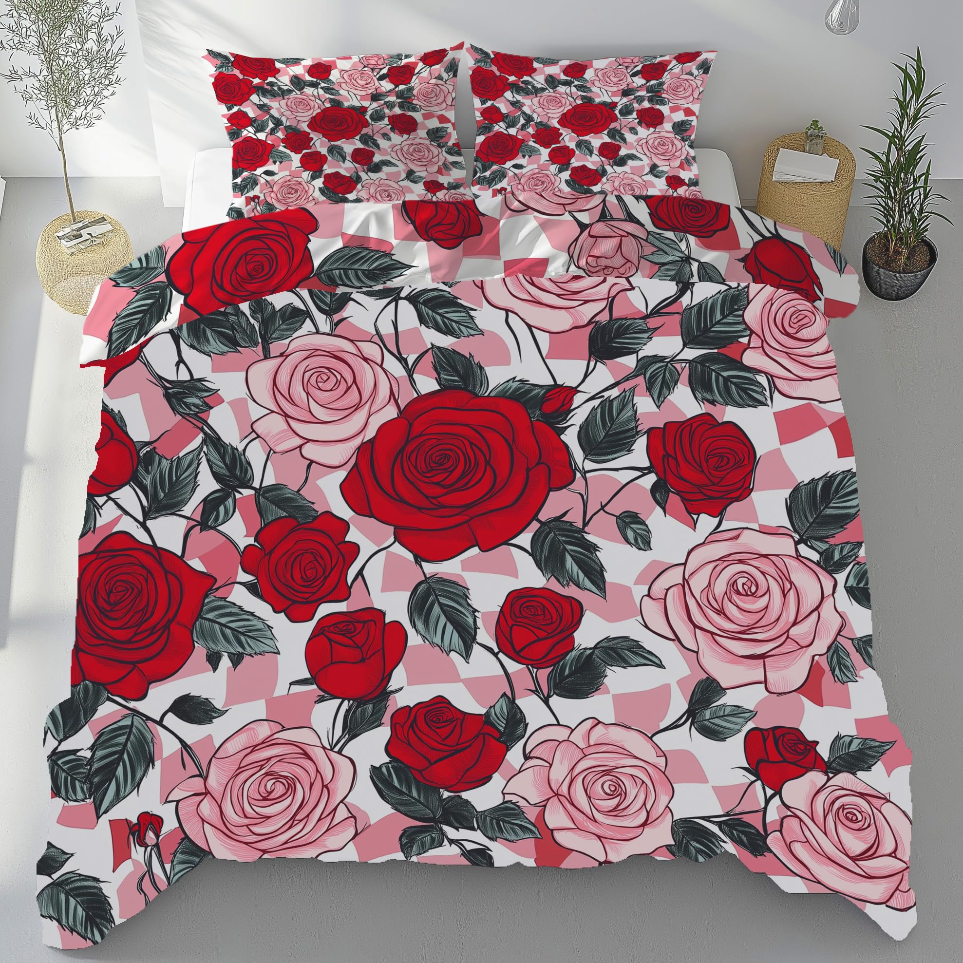 Housse de couette 140x200 rose rouge linge de lit microfibre fleur