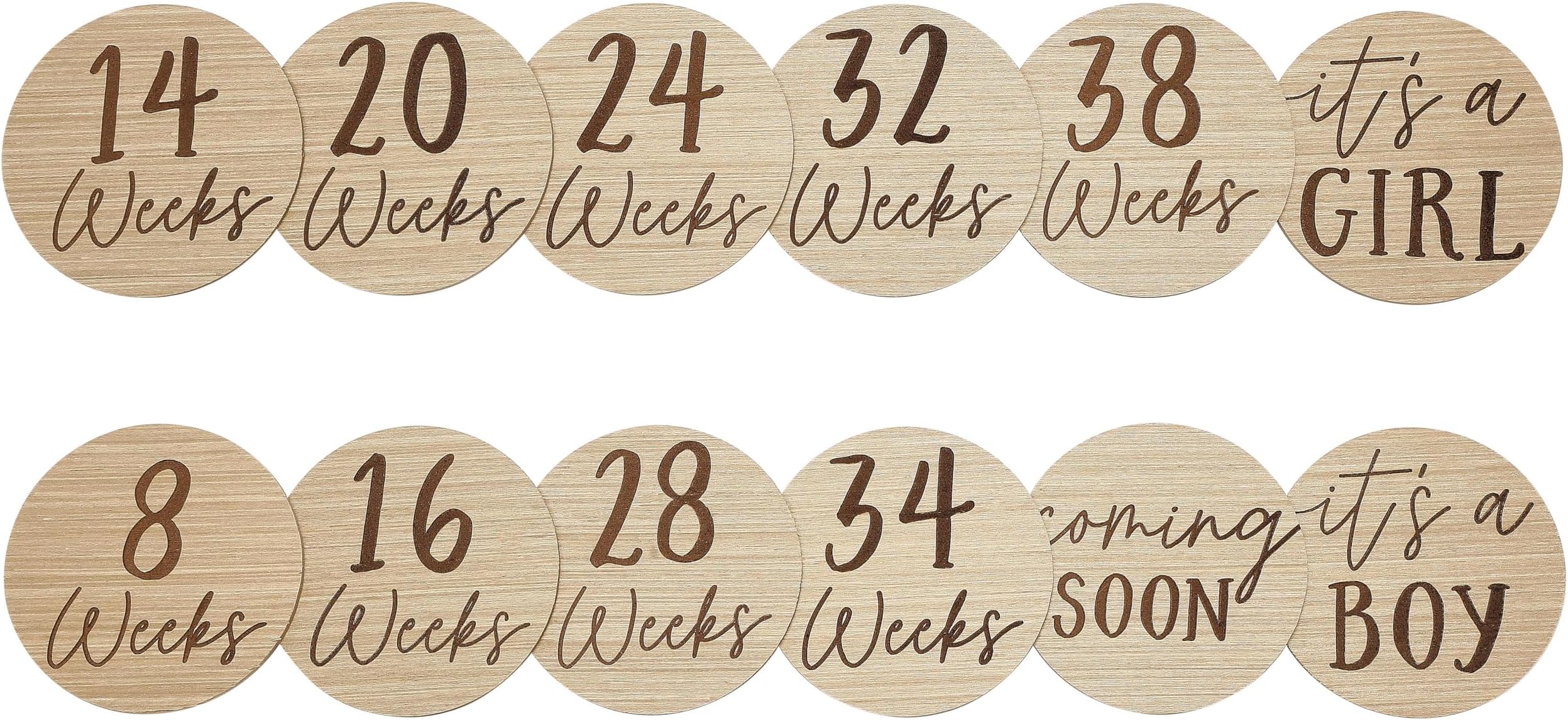 Kate & Milo Wooden Weekly Baby Pregnancy Announcement Cards, Doble Sided Photo Prop Milestone Discs, Light Wood