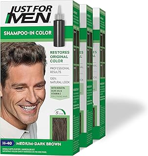 Just For Men Shampoo-In Color (Formerly Original Formula), Gray Hair Coloring for Men - Medium-Dark Brown, H-40, Pack of 3 (Packaging May Vary)