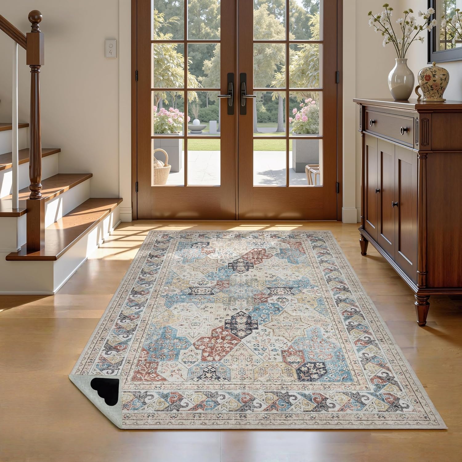 4x6 Distressed Vintage Area Rug, Blue and Beige Star Geometric Boho Farmhouse Style, Washable Ultra Soft Low Pile Rug, Non-Slip Stain Resistant Carpet for Living Room, Bedroom, Hallway(Blue)
