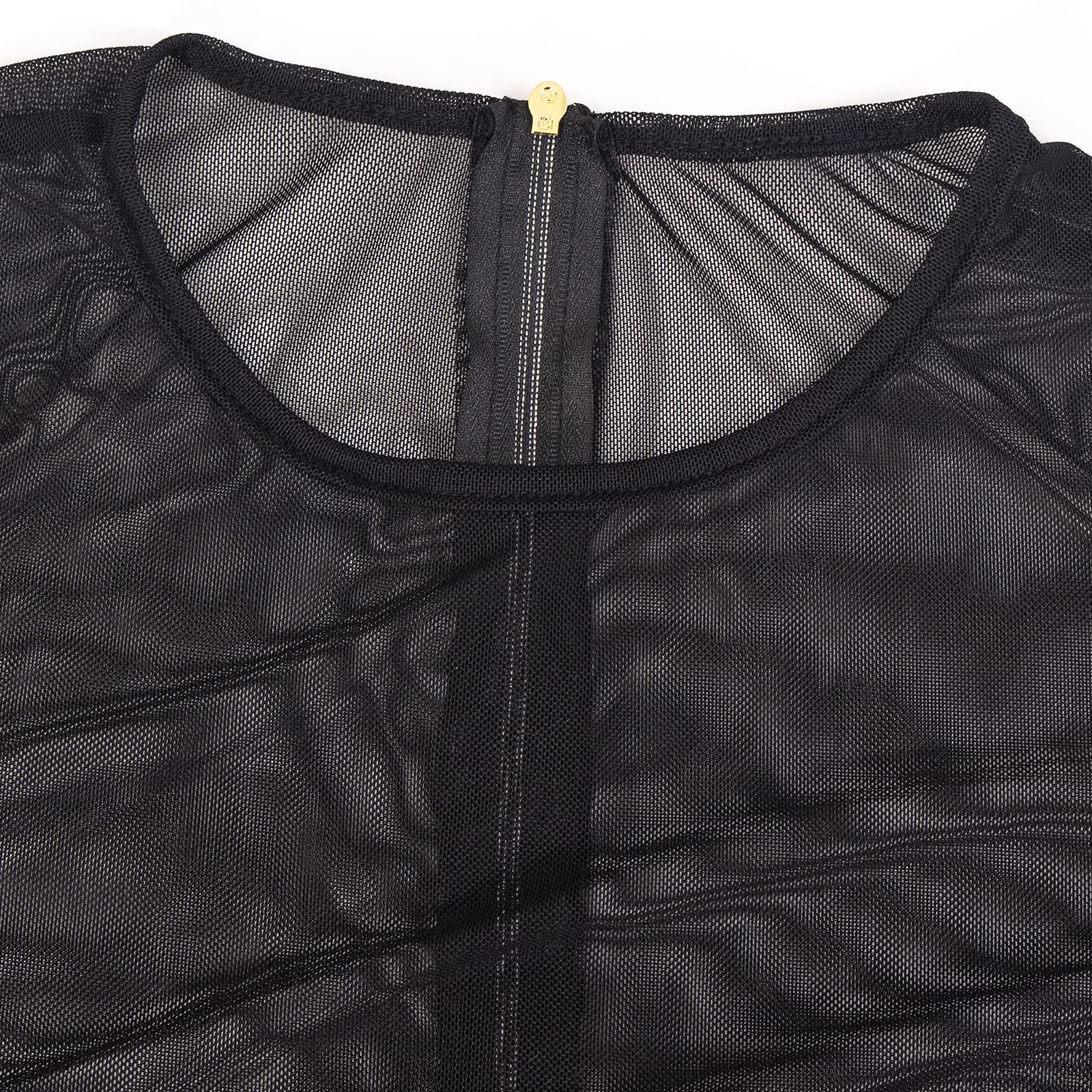 sedmoda Women Sexy Faux Leather Mini Dress Sheer Mesh Patchwork Long Sleeve Bodycon Dresses Party Club Outfits