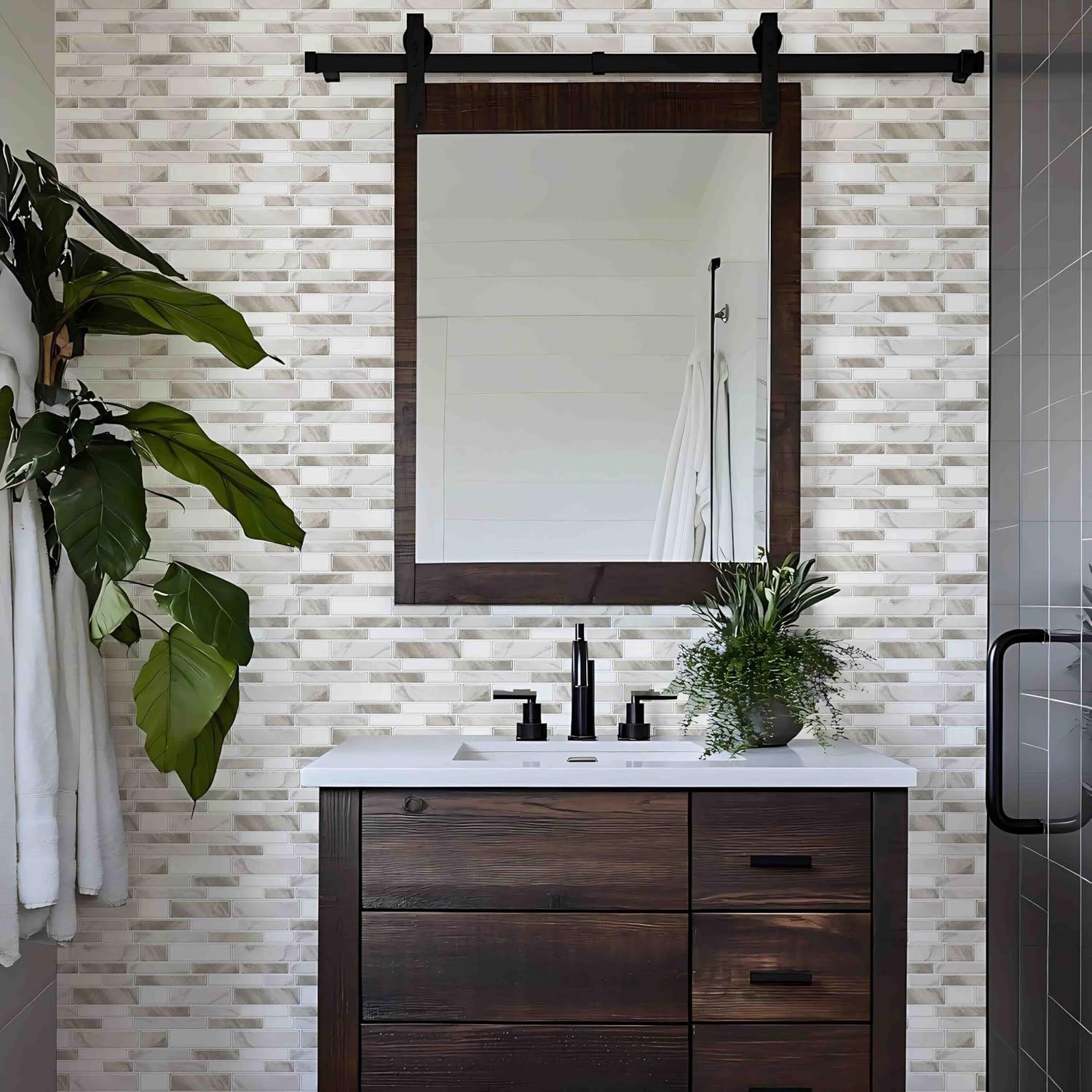 Karecel Kitchen Backsplash Tiles Peel and Stick Wall Tile, 10-Sheet 12"x12" Stick on Backsplash for Shower, Bathroom, Laundry Room, Renter, 3D Adhesive Back Splash Sticker, Beige & White