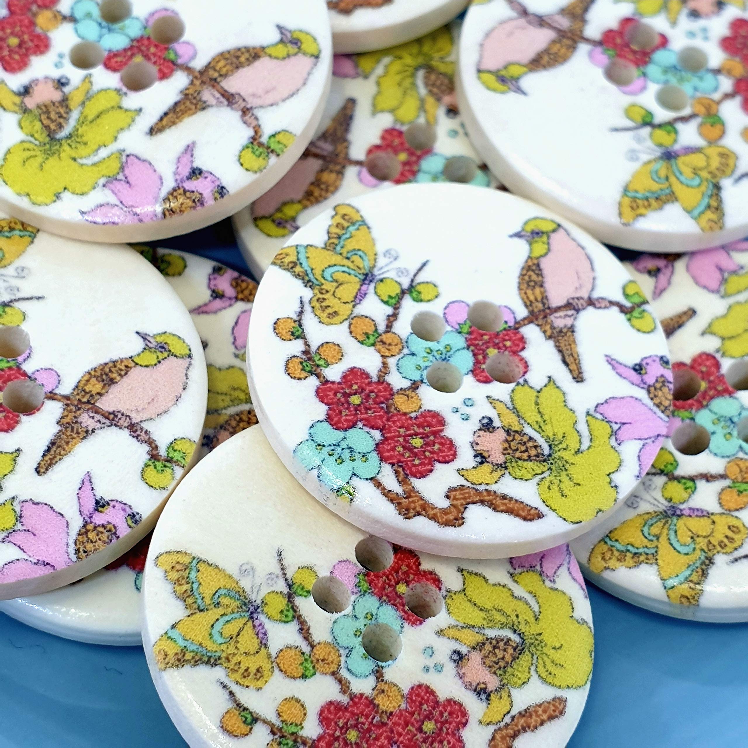 MajorCrafts 20pcs 30mm Bird on Flower Branch Pattern 4 Holes Round Wood Large Sewing Buttons Needlework Arts and Crafts Embellishments