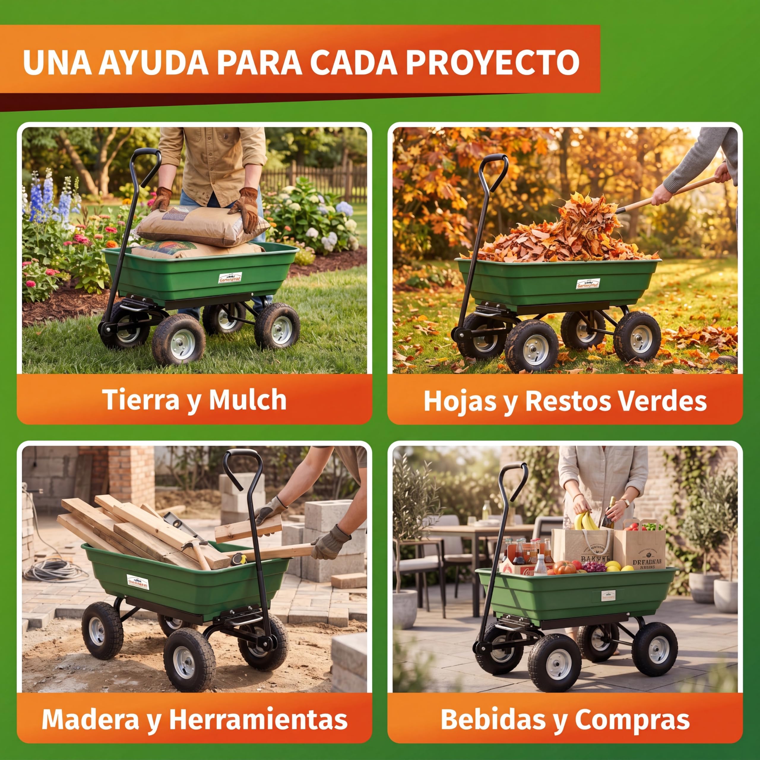 GARDEBRUK Carretilla de Jardín 75L | Basculante, Carga 300Kg, 4 Ruedas Neumáticas, Llantas Acero, Eje Dirección, Asa Acolchada, Marco Acero, Cubeta Plástico