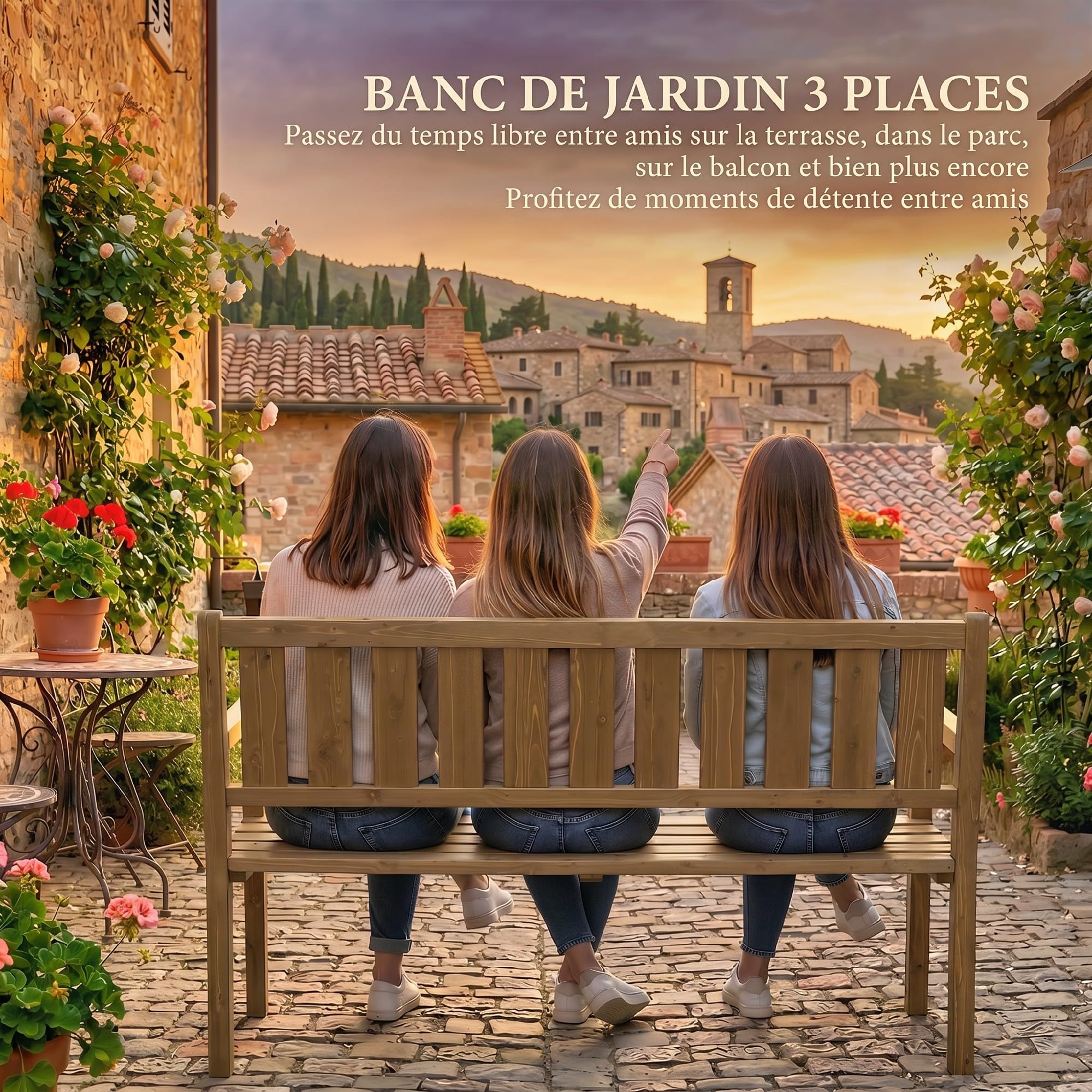 Outsunny Banc de Jardin 3 Places en Bois Solide Banquette d'Extérieur DIY avec Capacité de 360 kg Banc de Terrasse Prêt à Peindre pour Balcon, Porche Teck