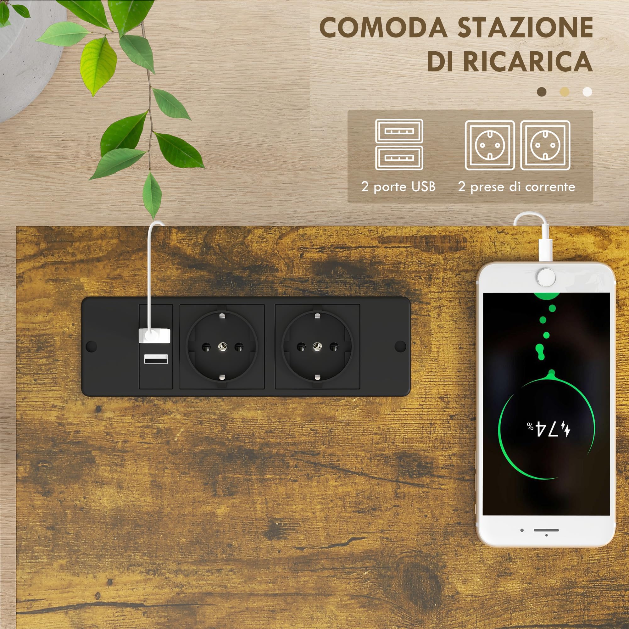 HOMCOM Mesa Consola Industrial con 2 USB 100x24x75 cm Marrón Rústico | Estación de Carga, Mesa de Entrada de 2 Niveles, Marco de Acero, Mueble de Recibidor, para Salón Pasillo