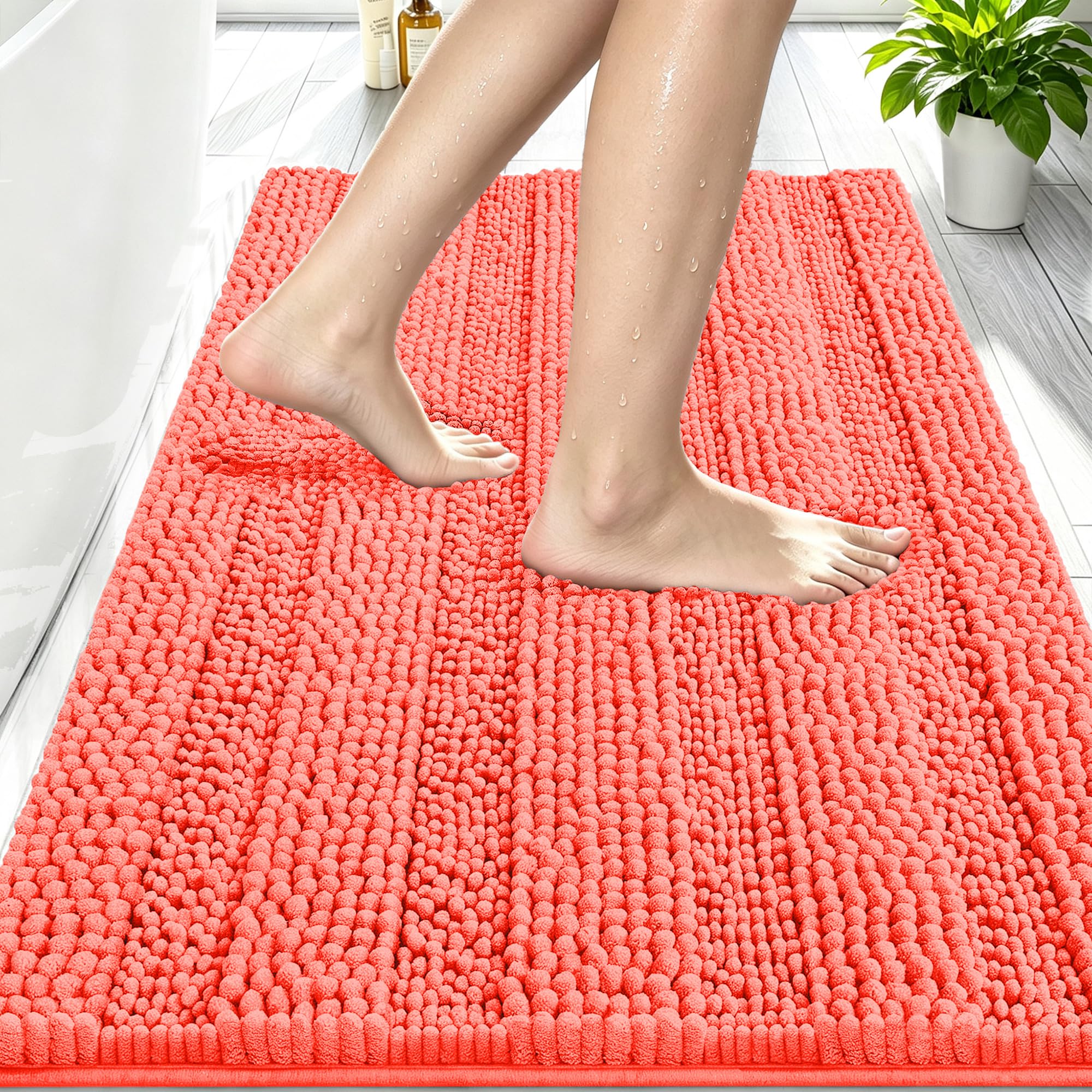 Smiry Thick Chenille Bathroom Rugs 30x20, Soft Absorbent Bath Mat, Coral