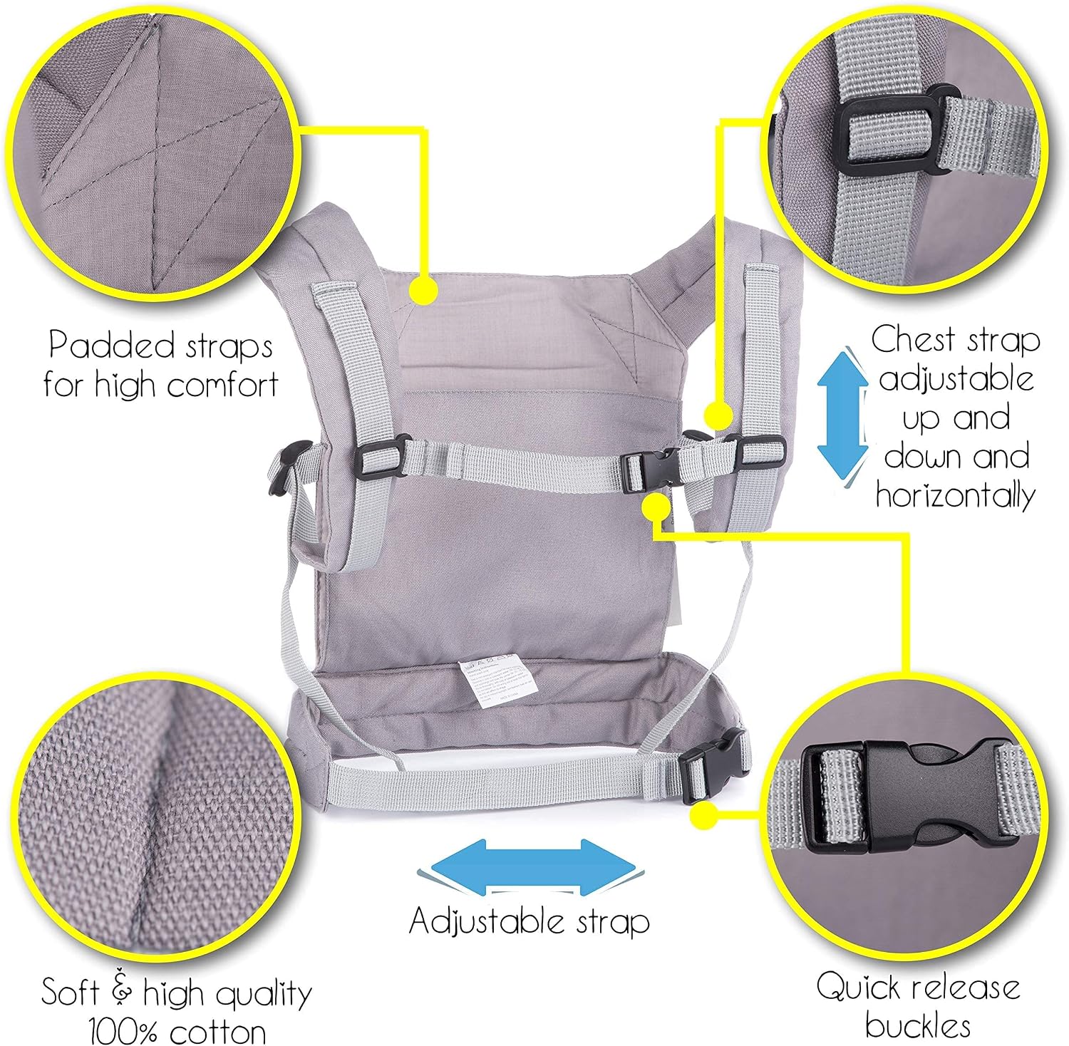 HappyVk- Doll Diaper Bag and Grey Unicorn Baby Doll Carrier for Kids. Sequin Bracelet Included