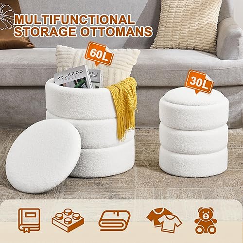 Miniatura 4 de Otomana redonda con almacenamiento, juego de 2, sillas de tocador tapizadas de terciopelo de peluche suave, soporte acolchado de 330 libras,