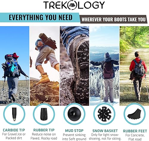 Miniatura 5 de TREKOLOGY 2 bastones de senderismo  6 puntas de goma de repuesto, bastones de trekking plegables, poste de senderismo nórdico agarre de corcho.