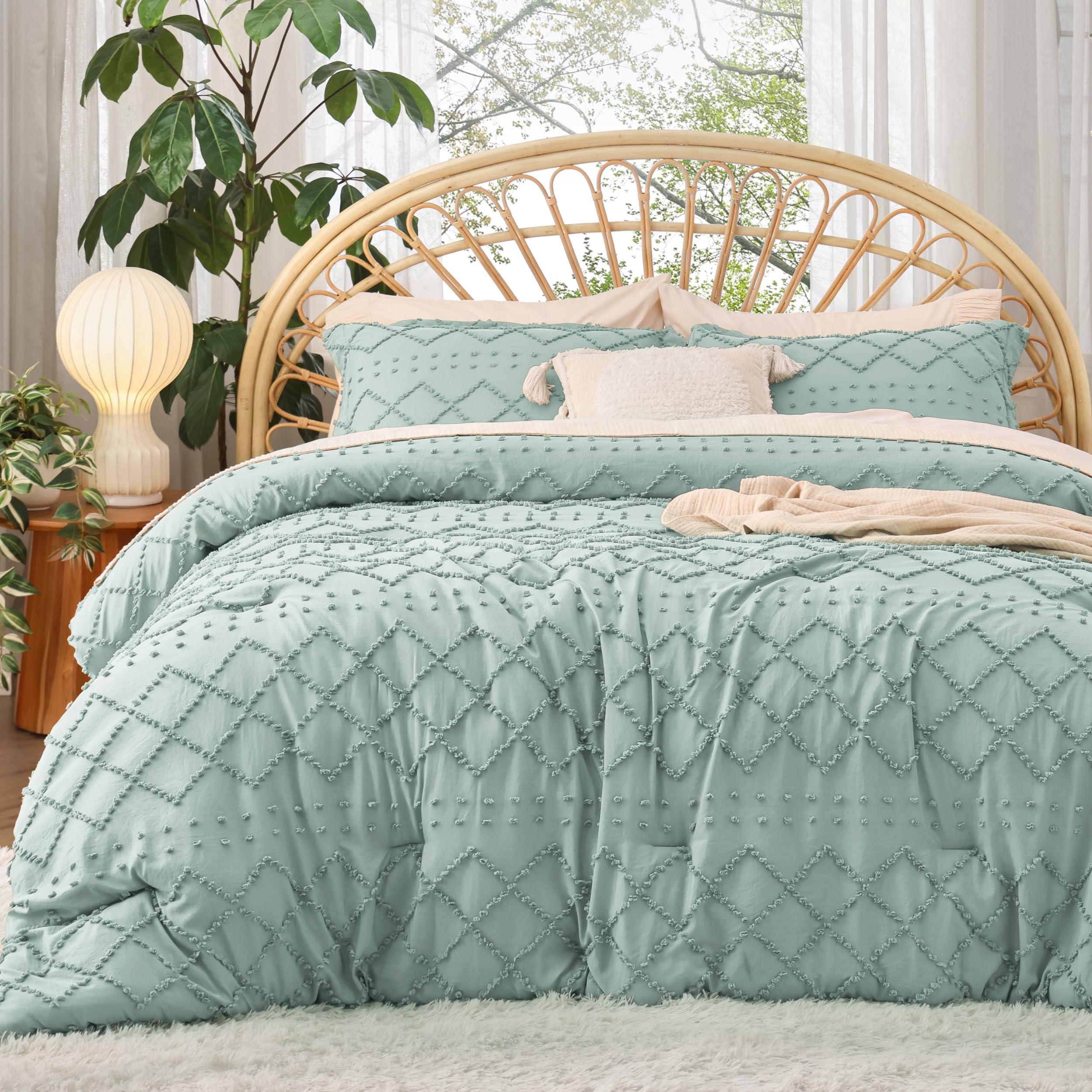 Photo 1 of Bedsure Boho Tufted Sage Green Comforter Set, Farmhouse-Style Bedding King
