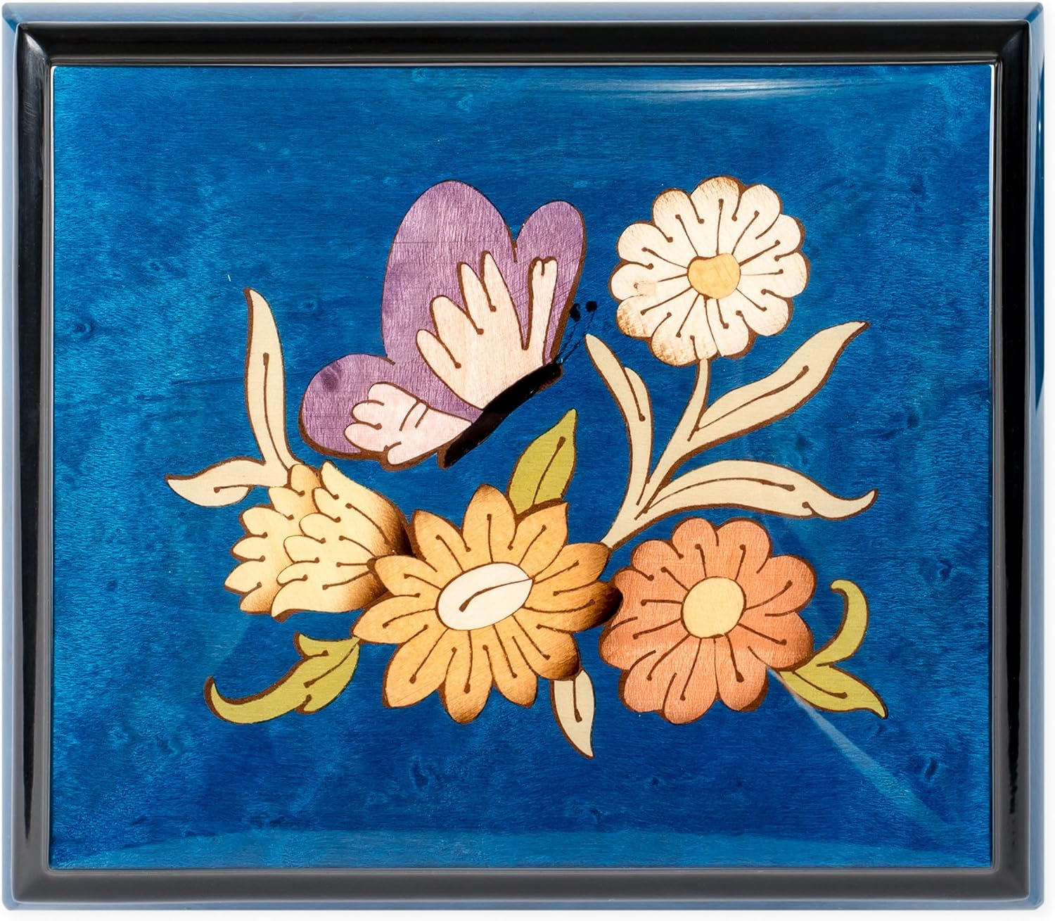 Dark Blue Butterfly Italian Hand Crafted Inlaid Elm Wood Musical Box Plays Tune Minuet Serenade #11 by Mozart