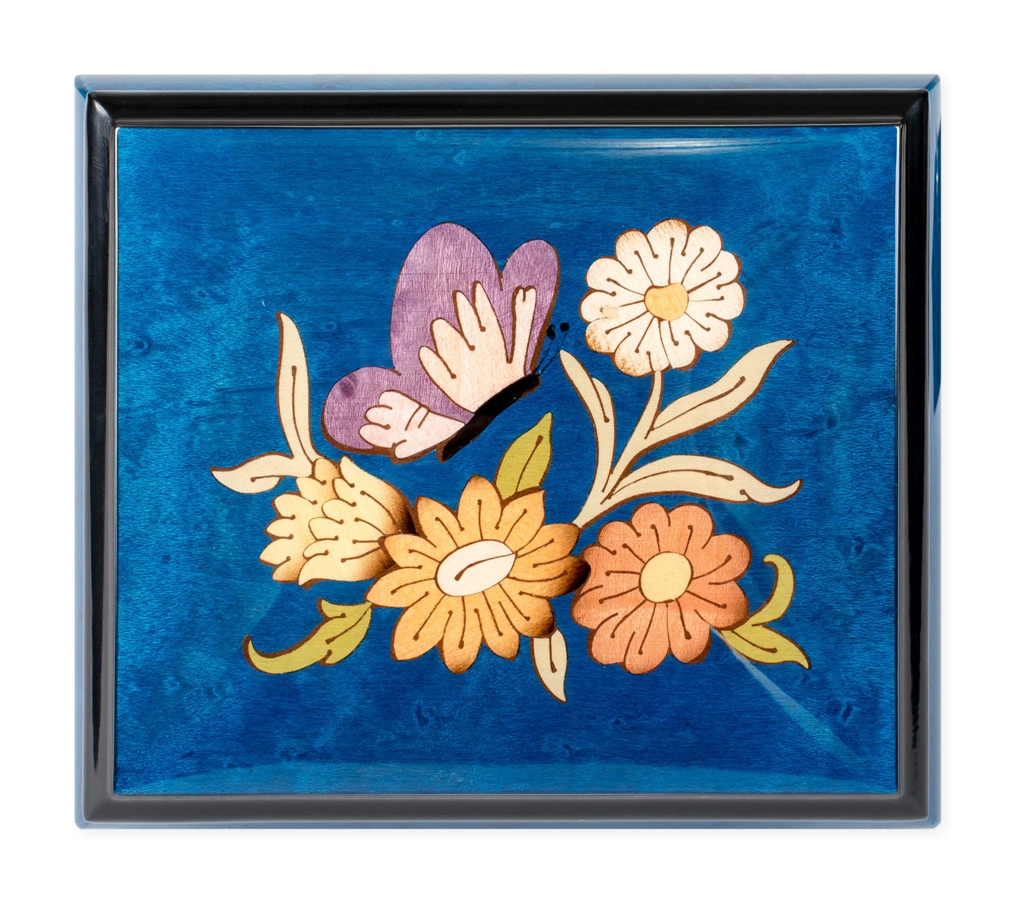 Blu scuro farfalla italiana realizzata a mano in legno di olmo Musical box plays Tune Blue Danube Waltz