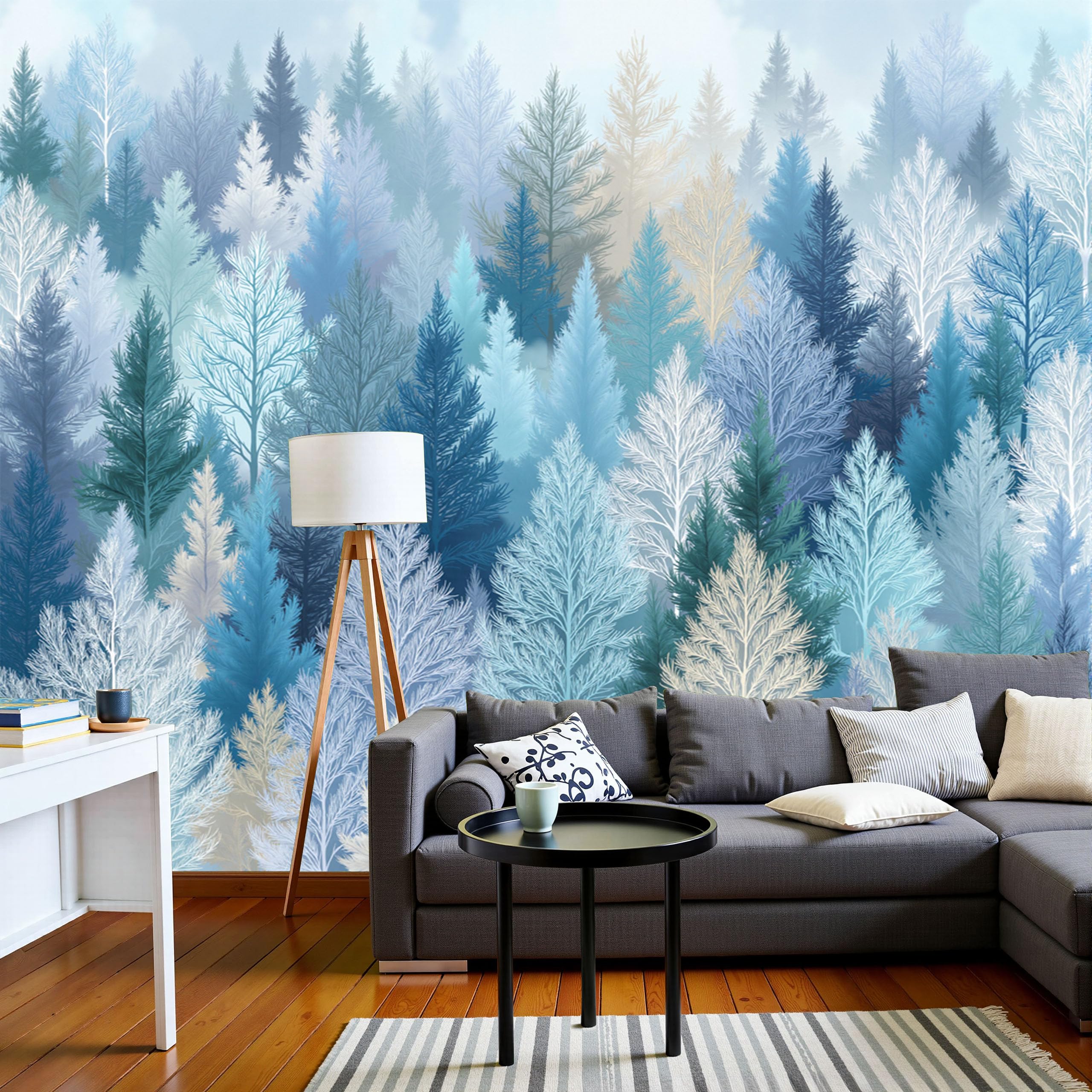 Papier peint panoramique forêt pour masquer un grand mur vide bleu 400x280
