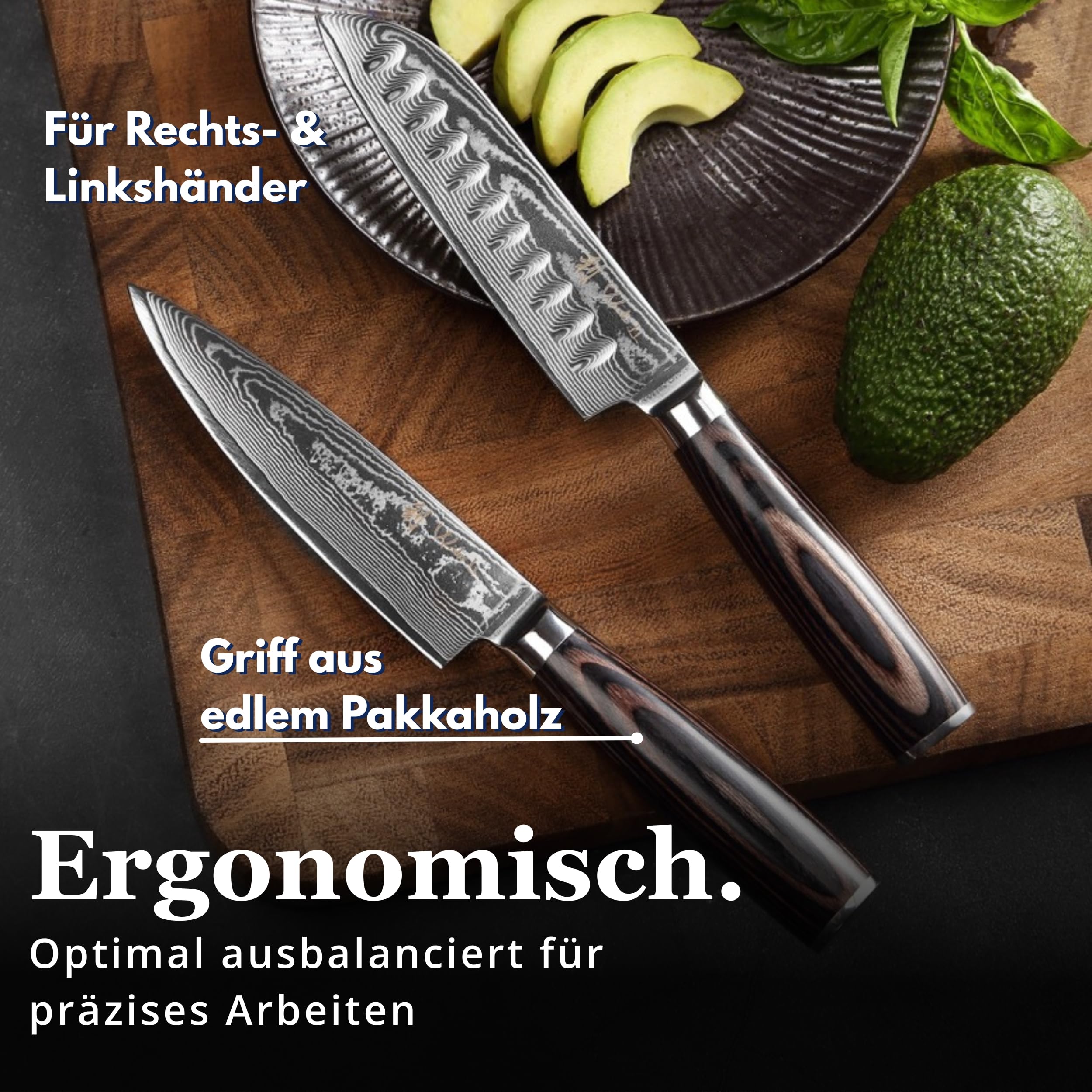 Wakoli EDIB Essentials 2-teiliges Messerset, Chefmesser, Santoku, VG10 Kern | 67 Lagen Damaststahl, kompakte 12 und 13 cm Klingen, Pakkaholzgriffe, Geschenkbox und Fingerschutz für feine Schneidarbeiten.
