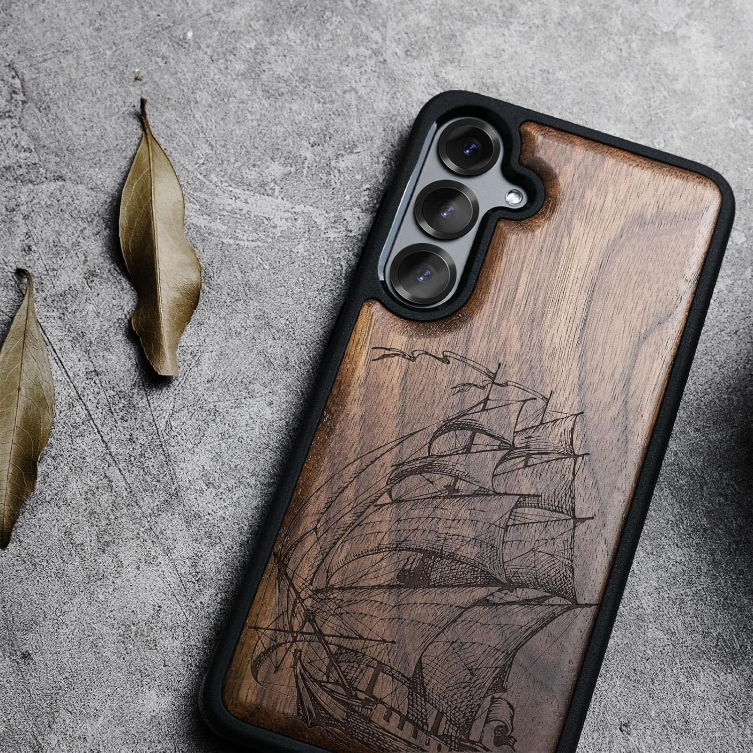 Carveit Magnetic Wooden Case for Galaxy S25+ Samsung S25 Plus Case, TPU Shockproof Cover & Wood Engraved, Compatible with MagSafe Wireless Chargers (Pirate Ship) Walnut