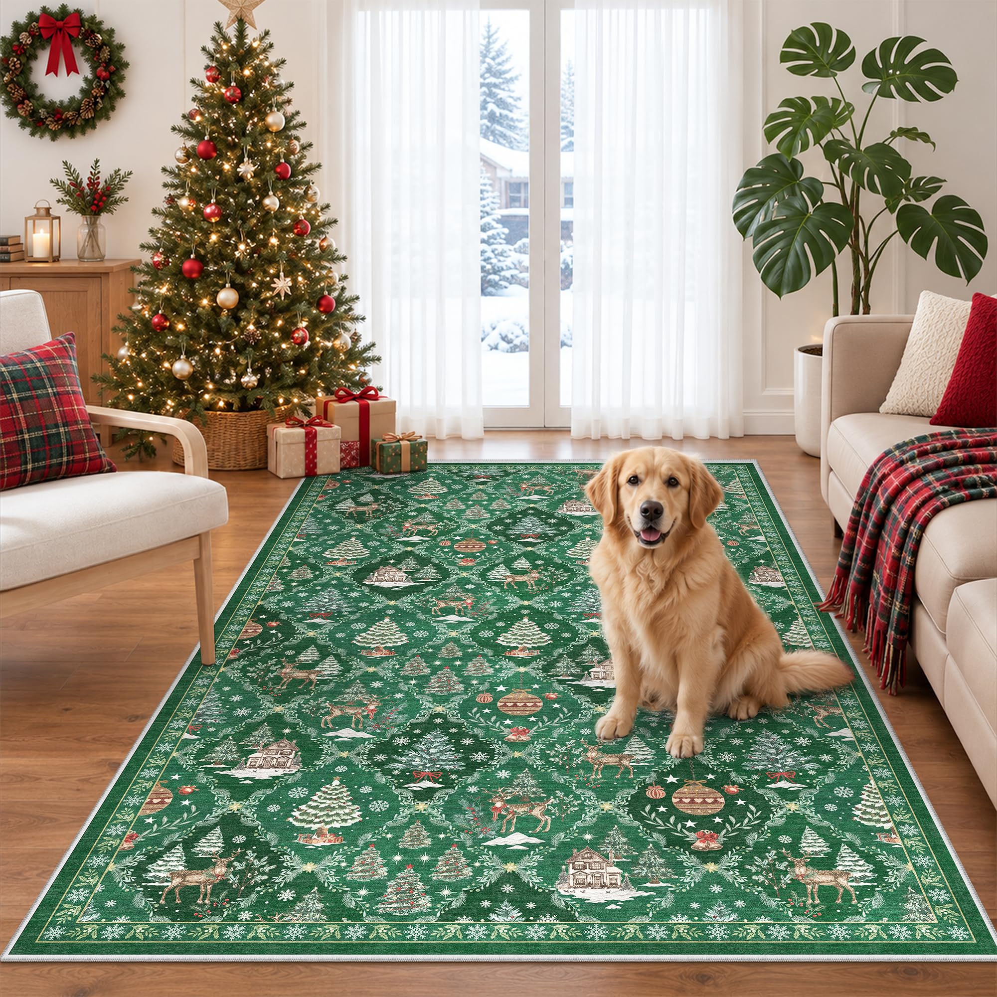 4x6 Christmas Non-Slip Area Rug, Green Washable Vintage Living Room Rug — image 1