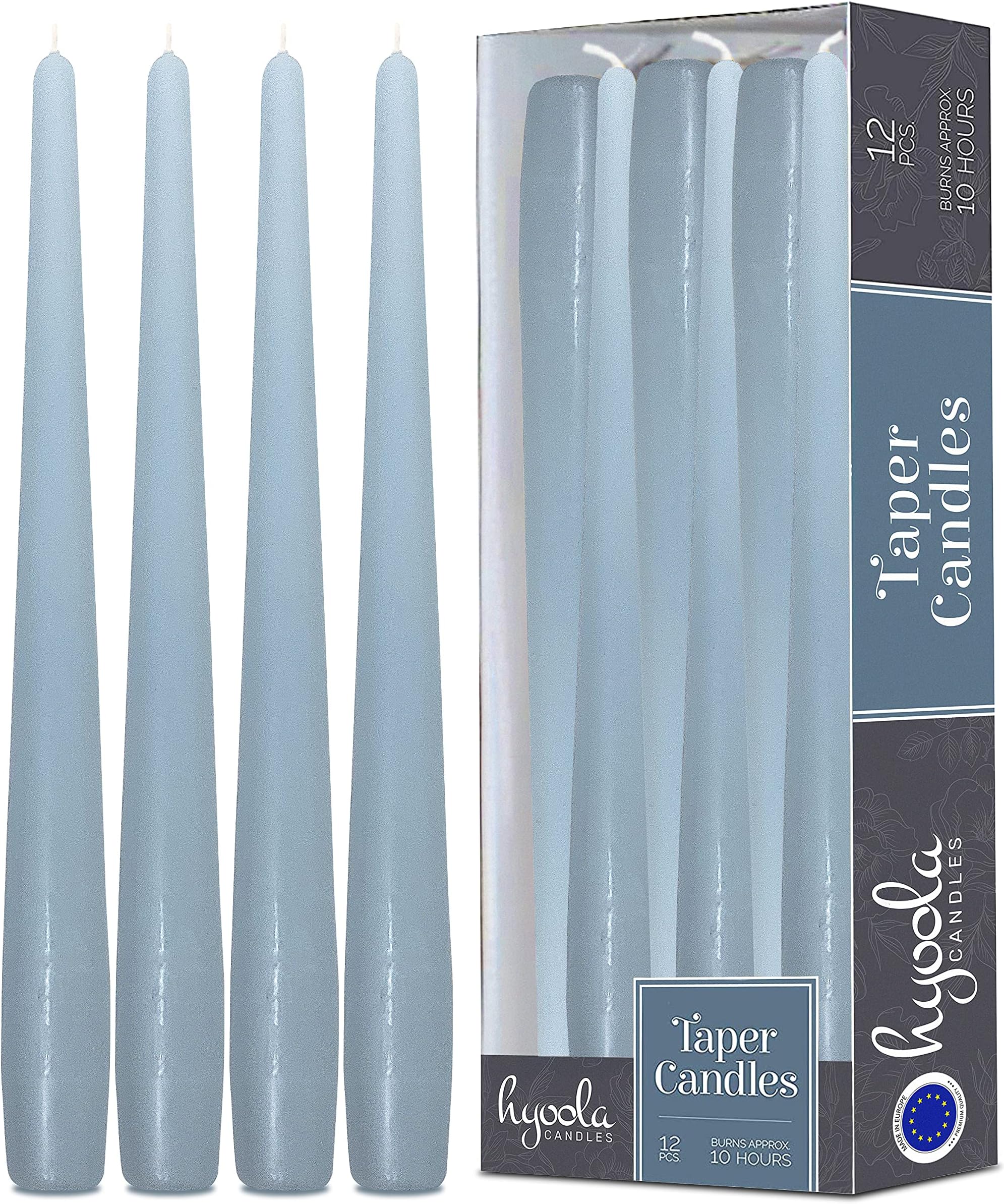 Tall Taper Candles - 12 Inch Ice Blue Unscented Dripless Taper Candles - 10 Hour Burn Time - 12 Pack
