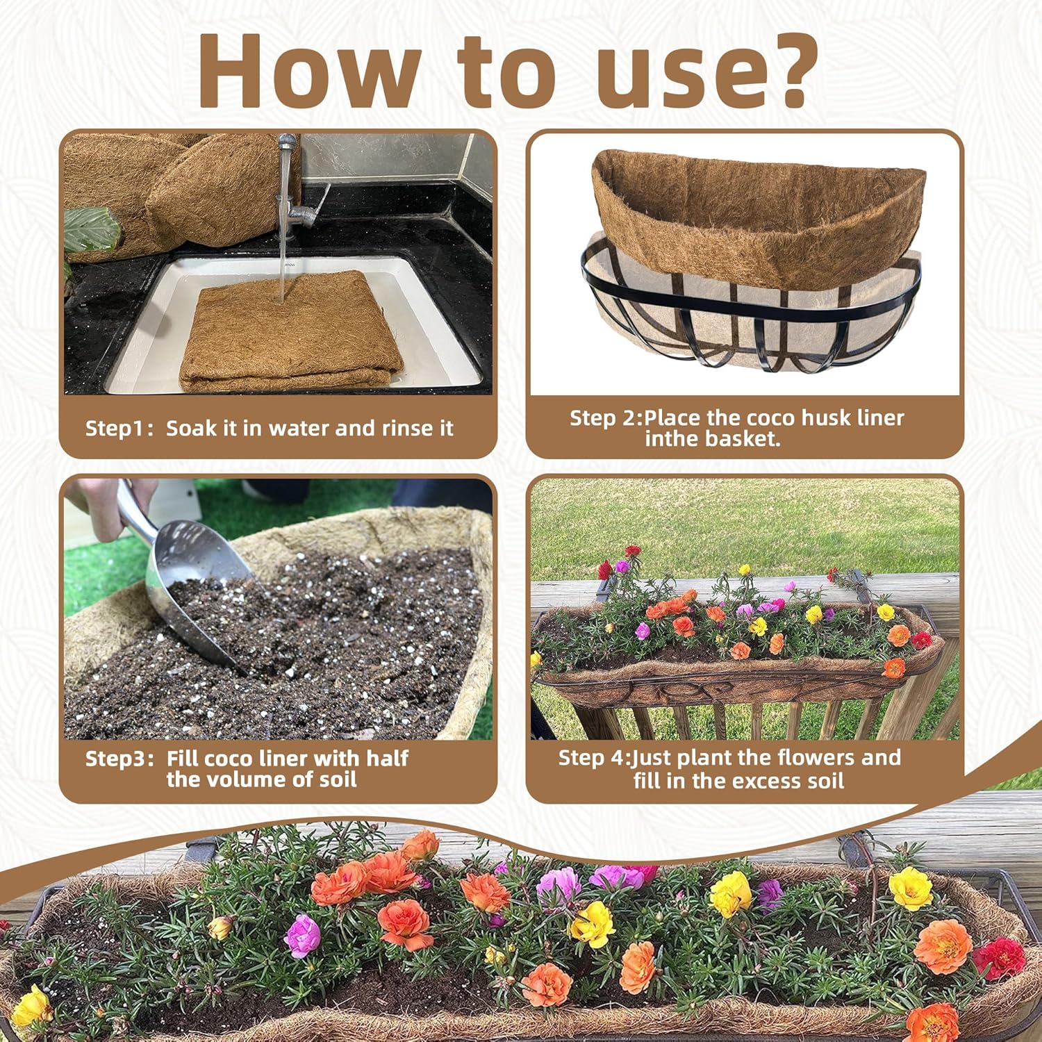 Premium Coco Liners for Planters - 3pcs 36 Inch Trough Planter Liners- 100% Natural Coconut Fiber for Window Boxes, Wall Planters, and Outdoor Planters