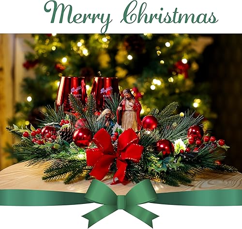Miniatura 5 de Centro de mesa de Navidad con luces LED, decoración navideña con aguja de pino rojo de Jesús, bayas rojas, bolas para fiestas de vacaciones, hogar