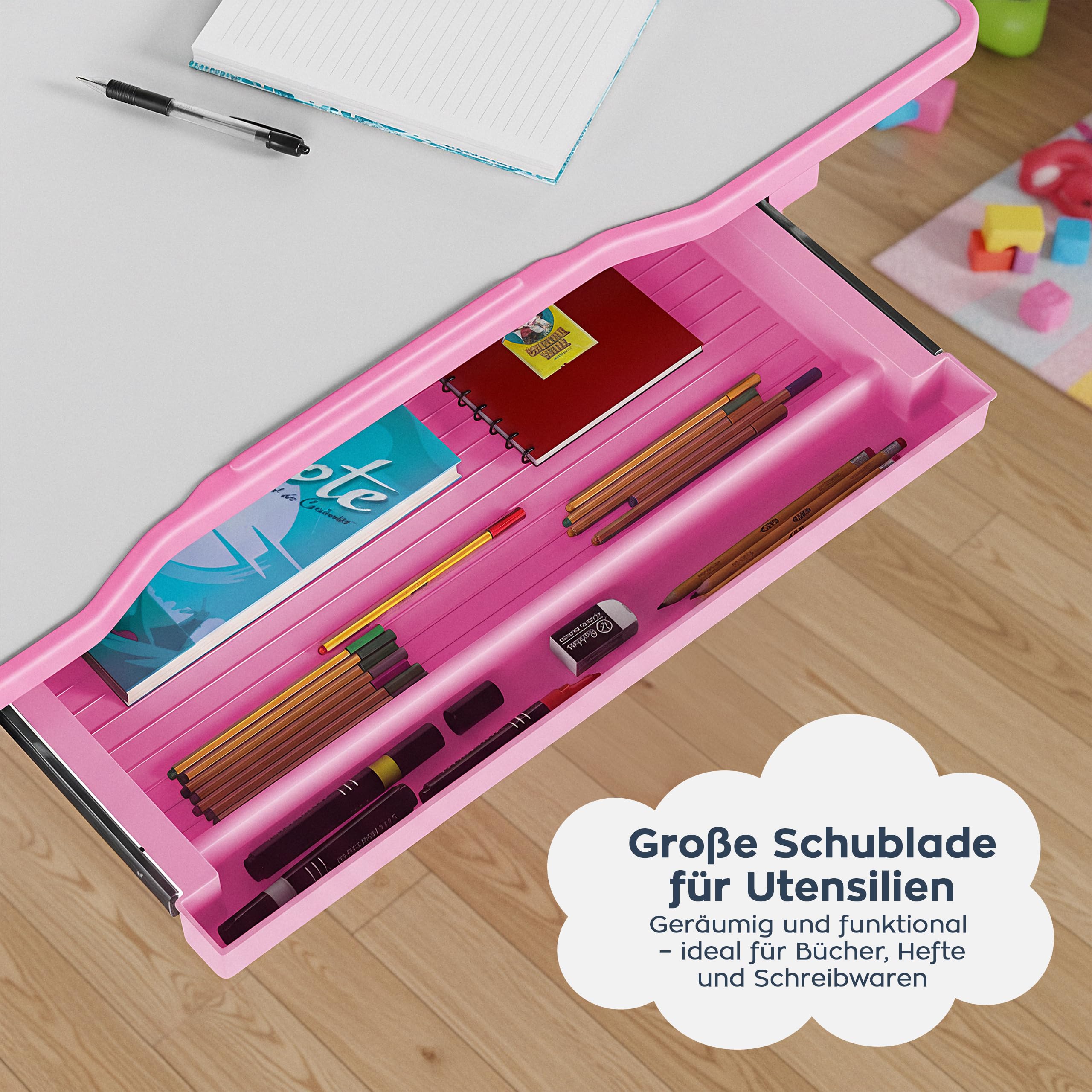 MARK ADLER Study 3.0 Kinderschreibtisch - Höhenverstellbar 54-76 cm - Schreibtisch Kinder ab 6 Jahren - Neigbare Tischplatte - mit Schublade und Buchständer - Ergonomisch zum Lernen - Rosa