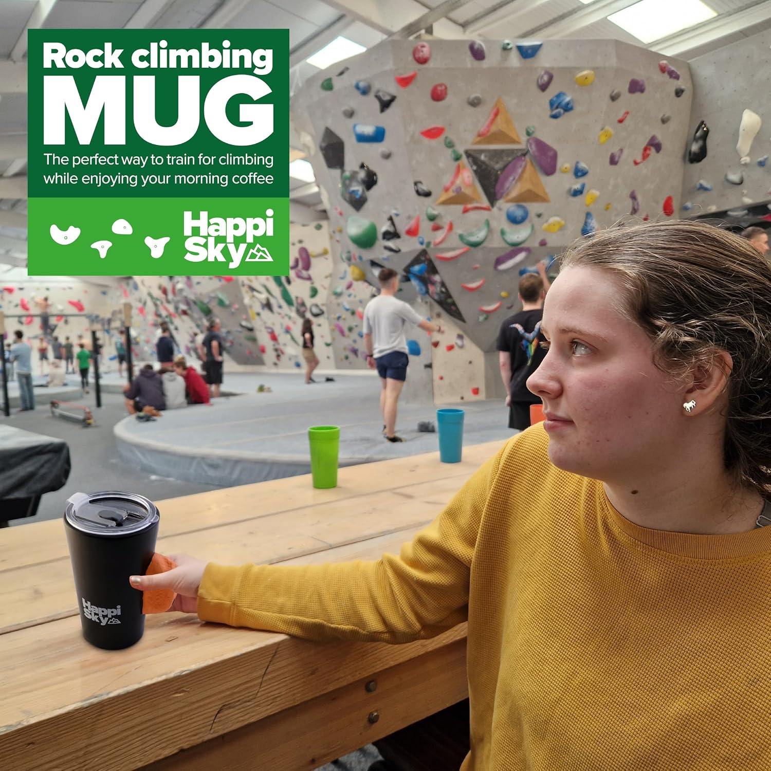Rock Climbing Travel Mug, Climbers Gift - Black Ceramic with Orange Pinch Hold Handle & Silicone Lid