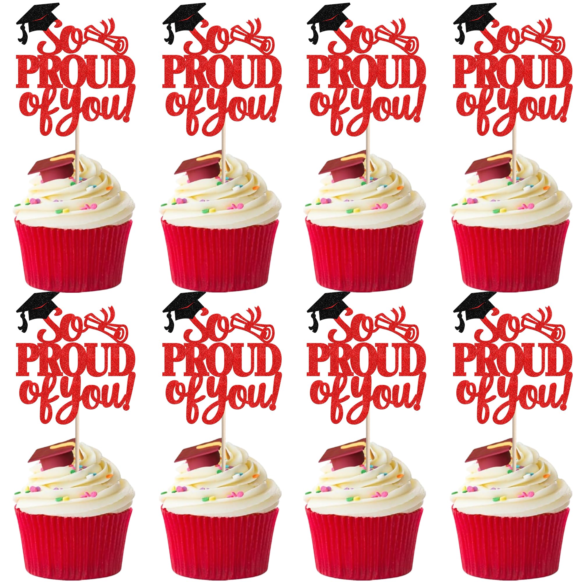 SYKYCTCY 24 Pack So Proud of You Cupcake Toppers Glitter Congrats Grad 2026 Grad Cap Cupcake Picks Class of 2026 Graduation Cake Decorations for 2026 Graduation Theme Party Supplies Red